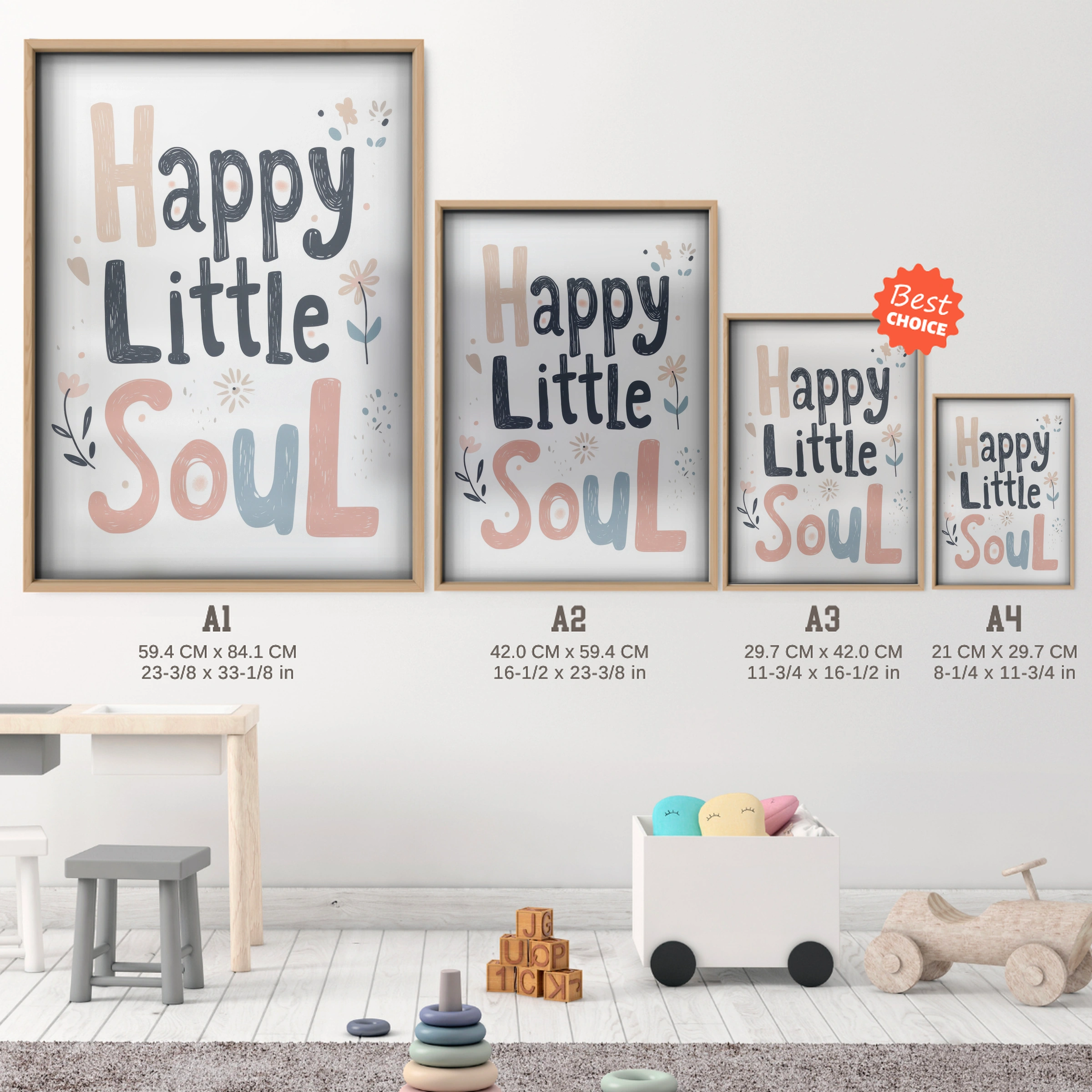Happy Little Soul Nursery Print - size guide A4 A3 A2 A1 nursery print