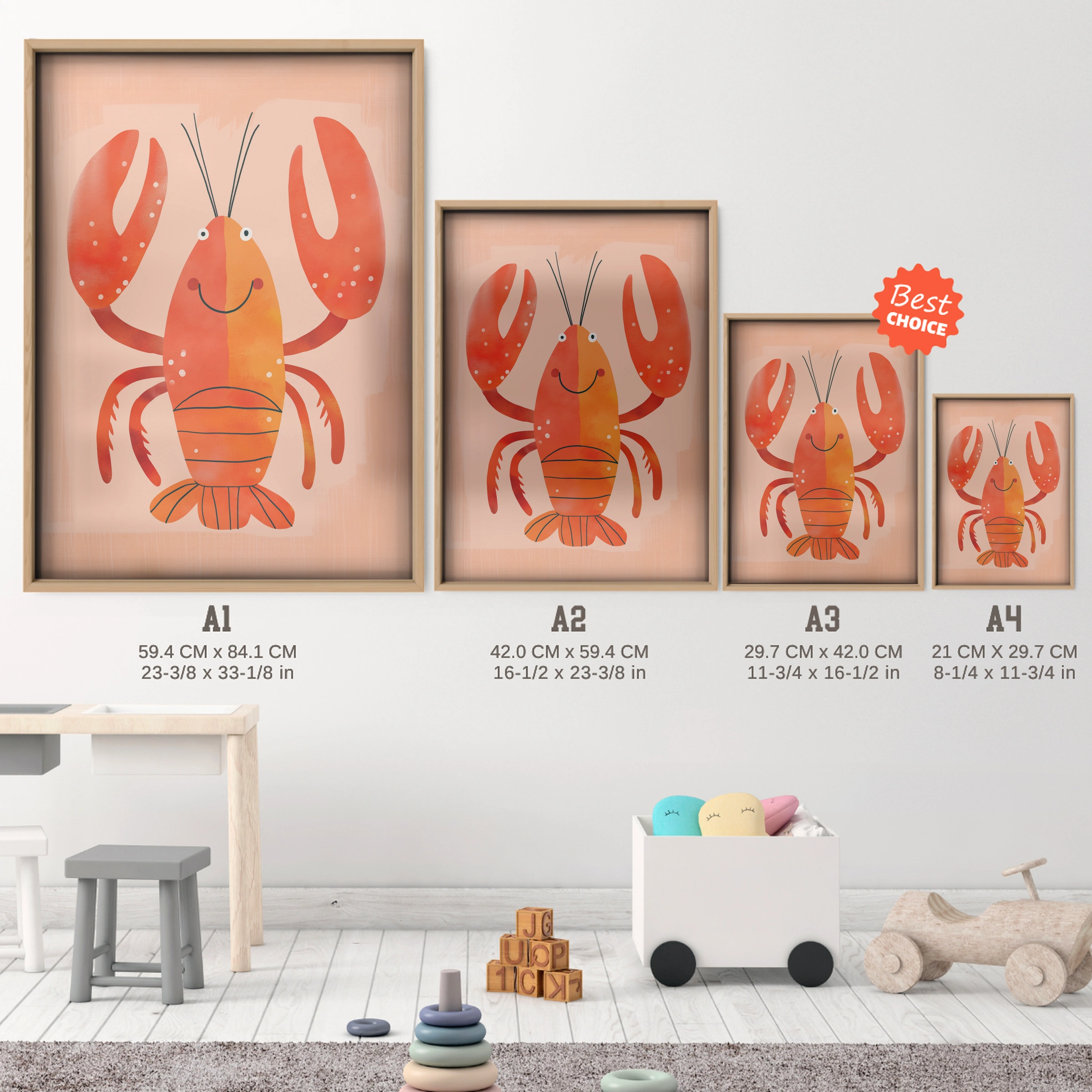 Happy Lobster Nursery Print - size guide A4 A3 A2 A1 nursery print
