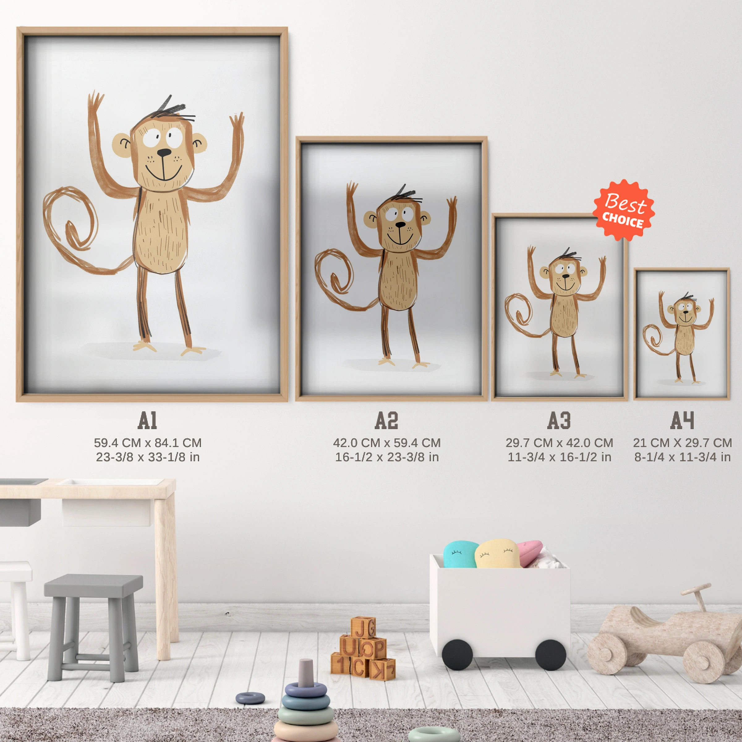 Happy Monkey Nursery Print - size guide A4 A3 A2 A1 nursery print