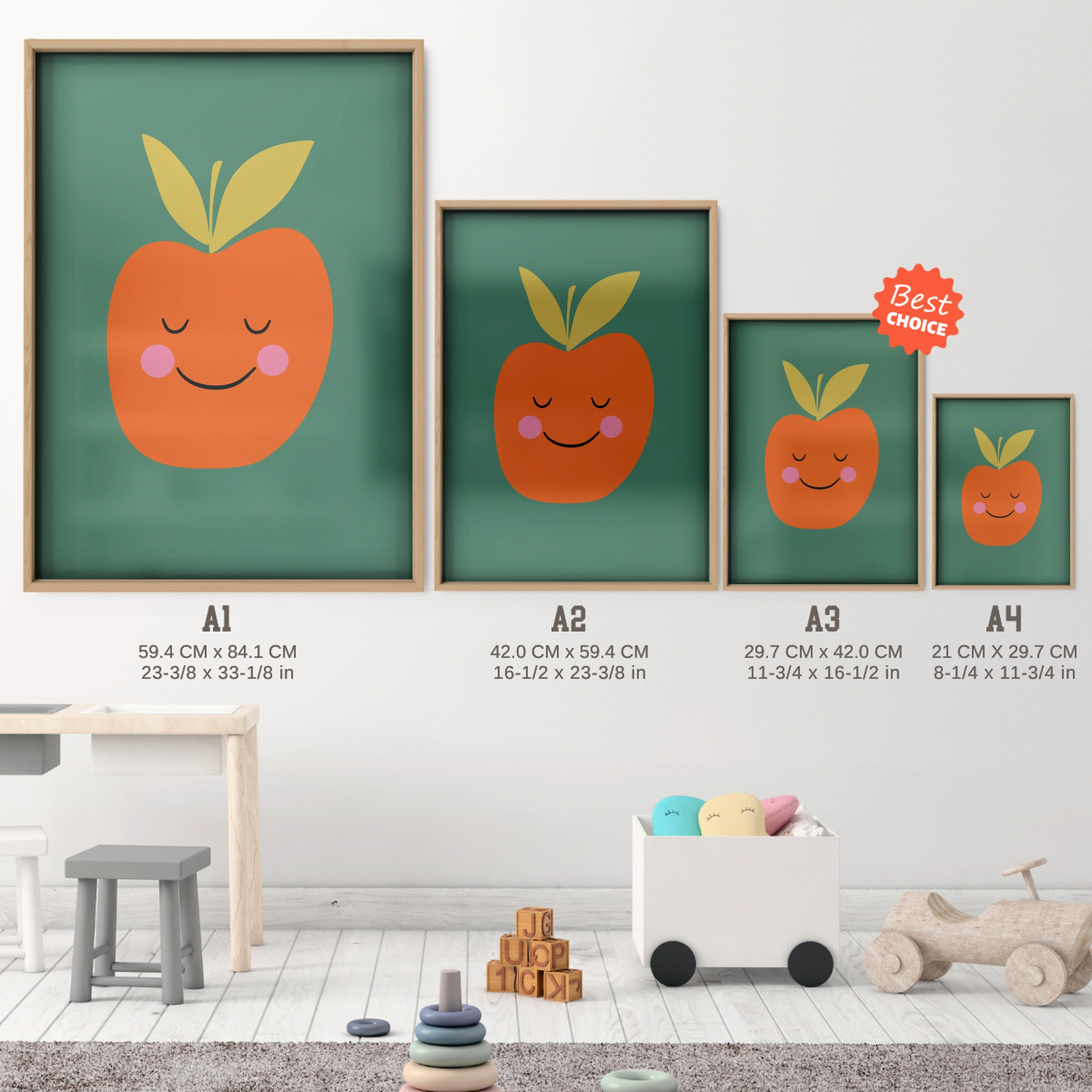 Happy Orange Nursery Print - size guide A4 A3 A2 A1 nursery print
