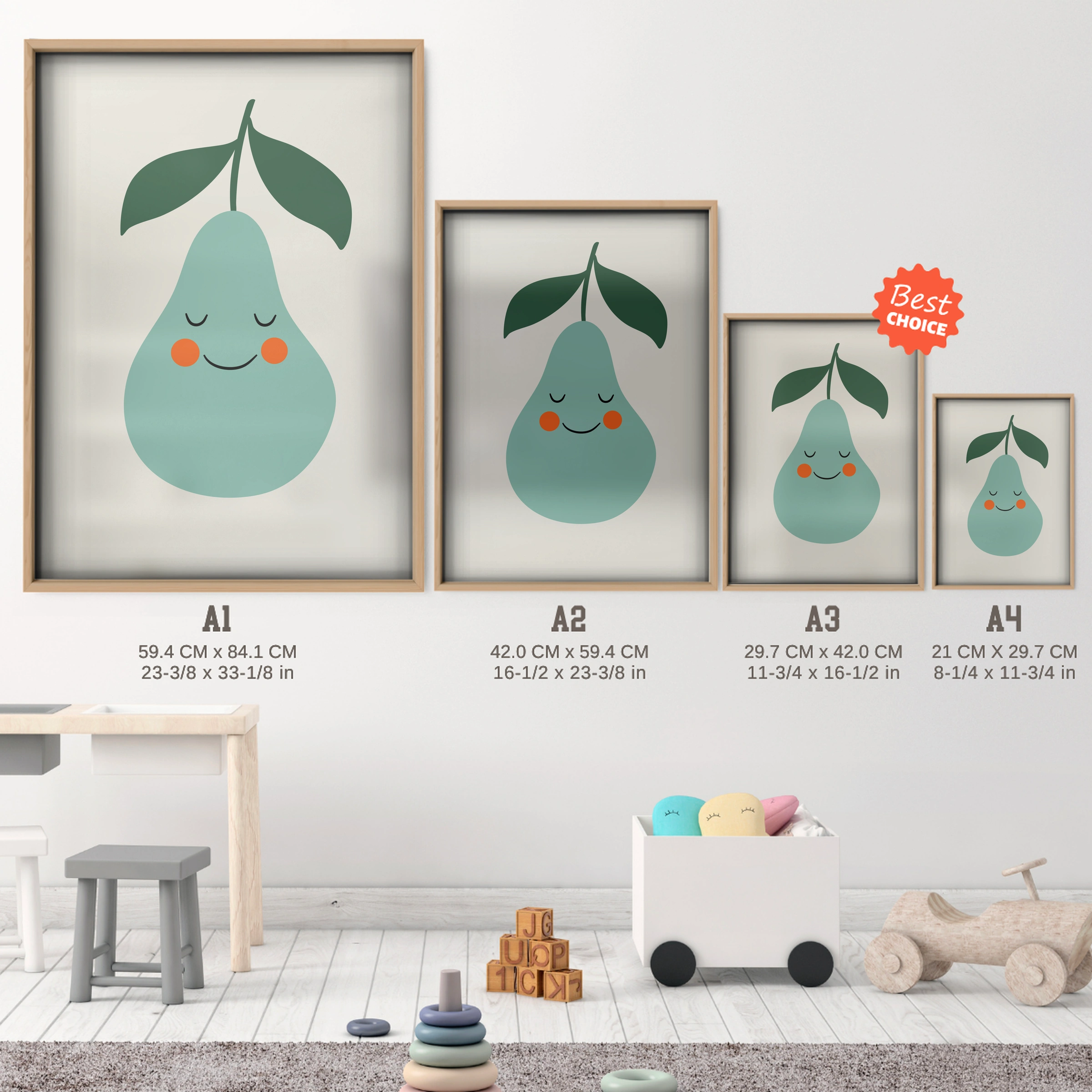 Happy Pear Nursery Print - size guide A4 A3 A2 A1 nursery print