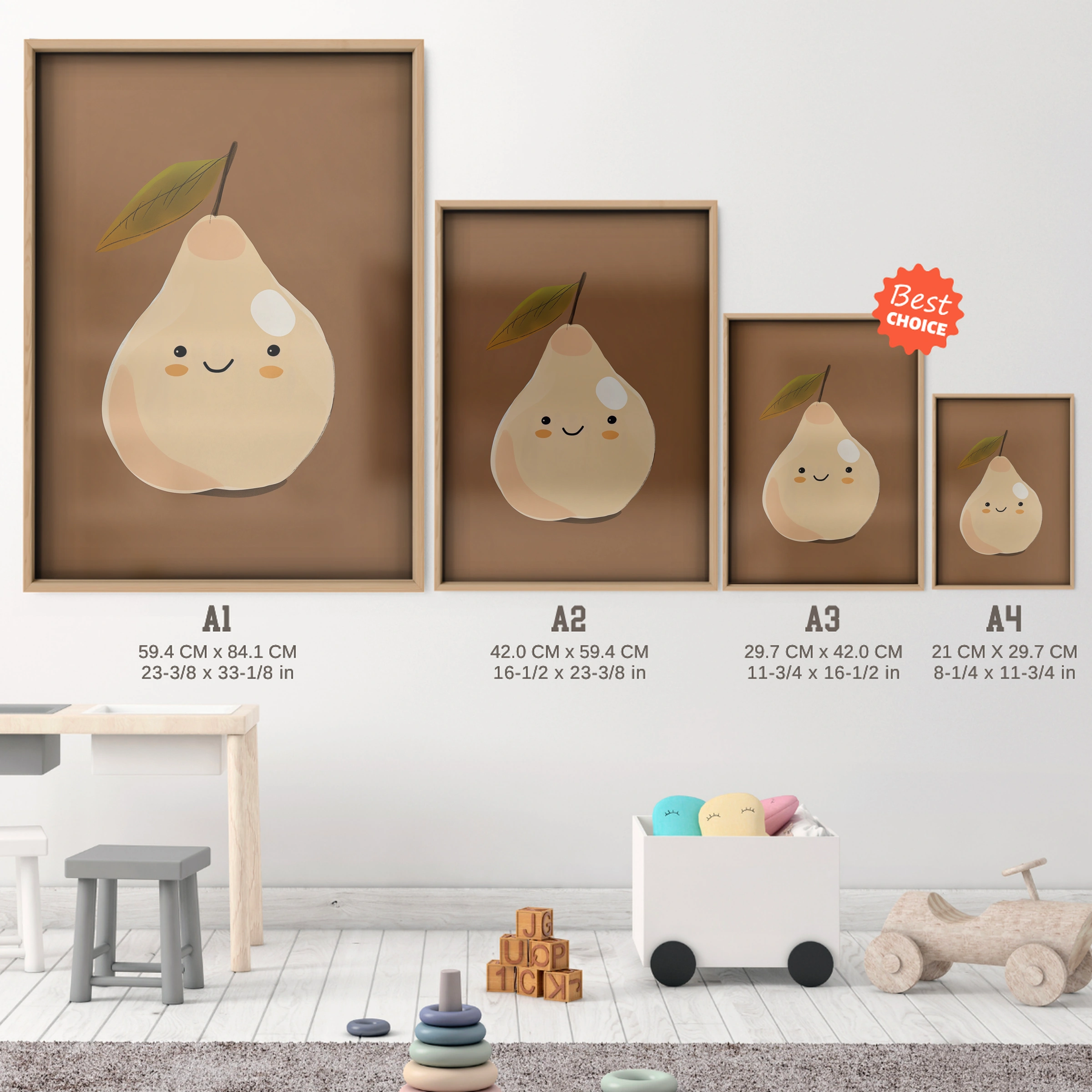 Happy Pear Two Nursery Print - size guide A4 A3 A2 A1 nursery print