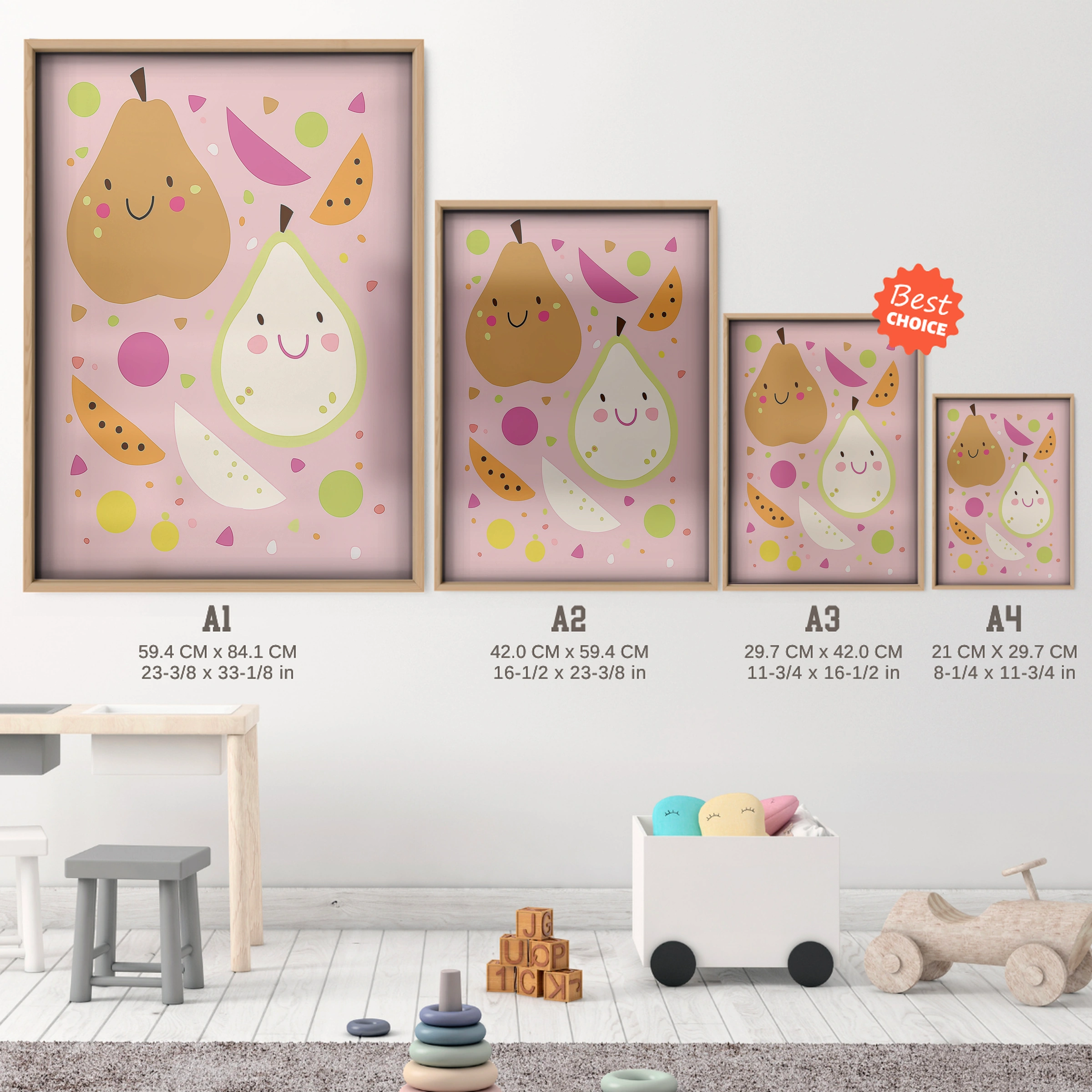 Happy Pears Nursery Print - size guide A4 A3 A2 A1 nursery print