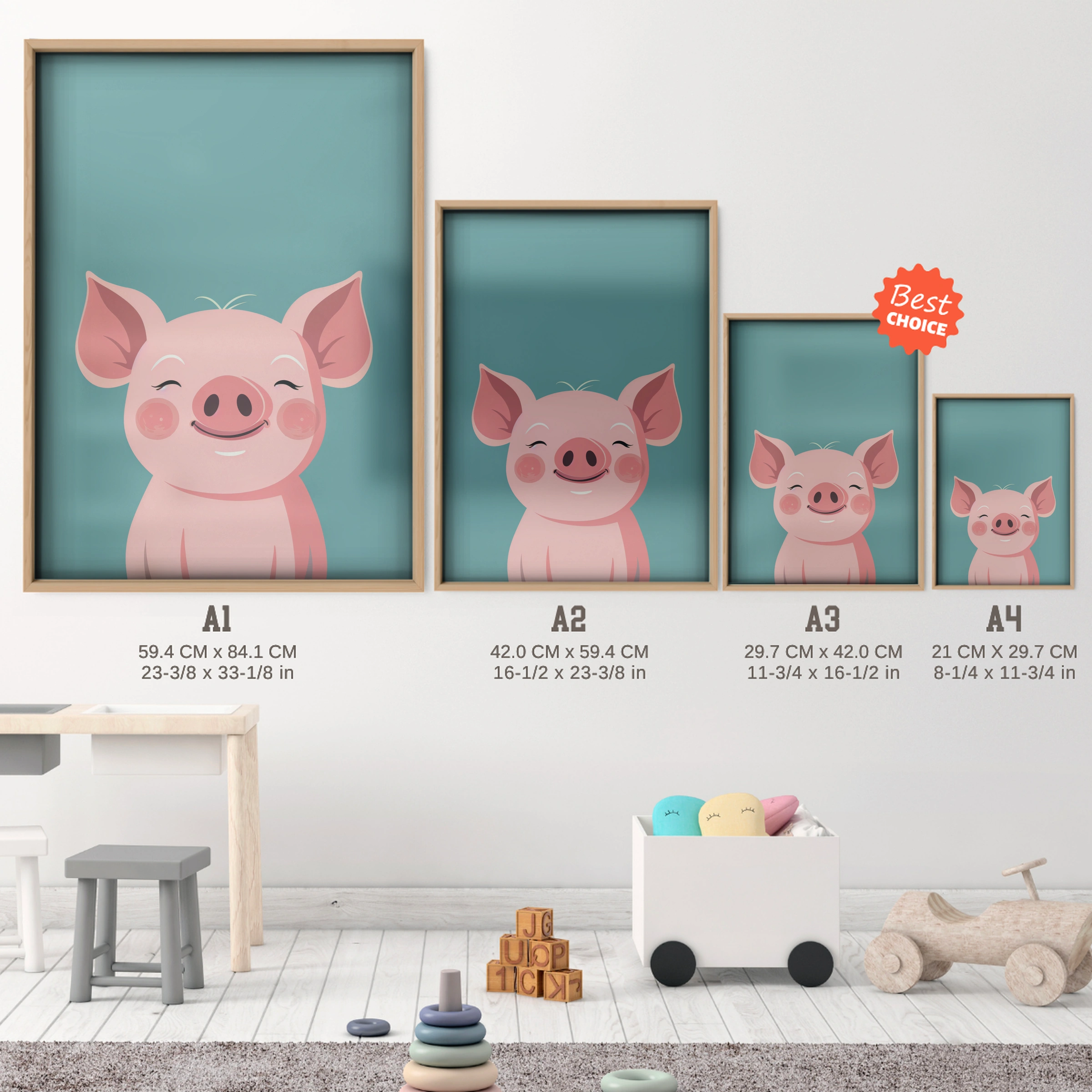 Happy Pig Nursery Print - size guide A4 A3 A2 A1 nursery print