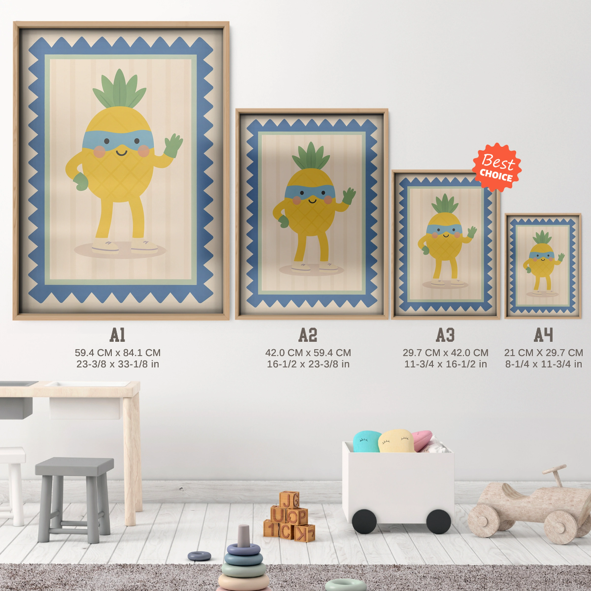 Happy Pineapple Nursery Print - size guide A4 A3 A2 A1 nursery print