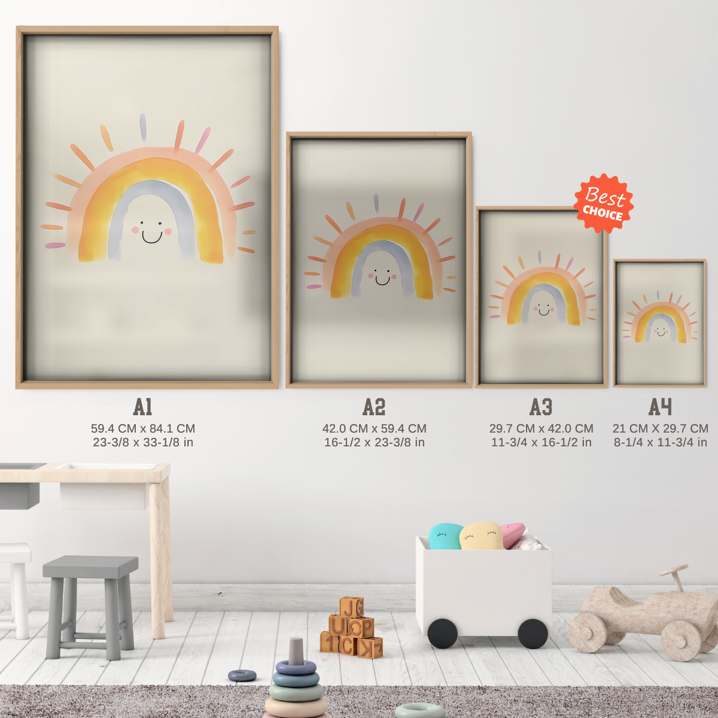 Happy Rainbow Nursery Print - size guide A4 A3 A2 A1 nursery print
