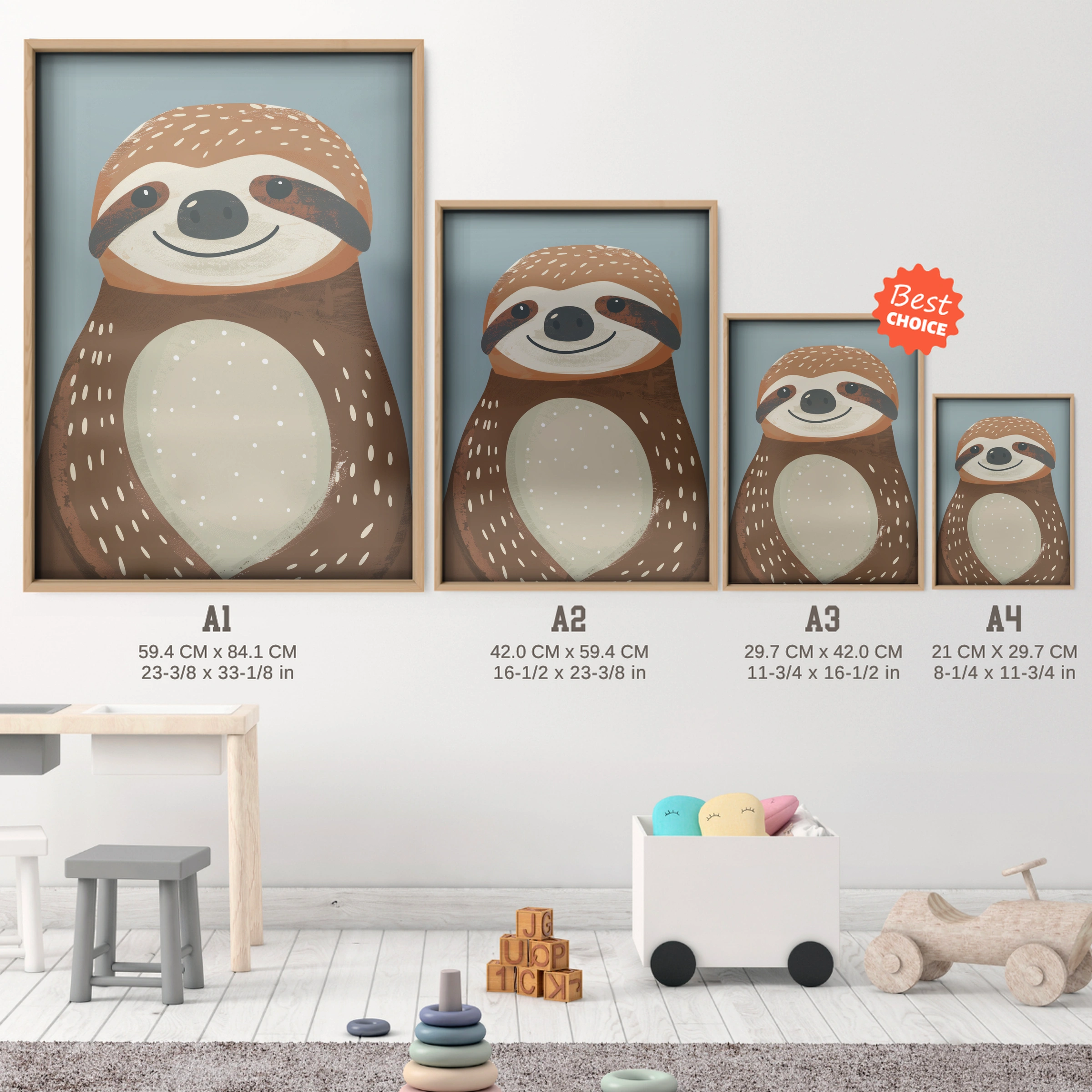 Happy Sloth Nursery Print - size guide A4 A3 A2 A1 nursery print