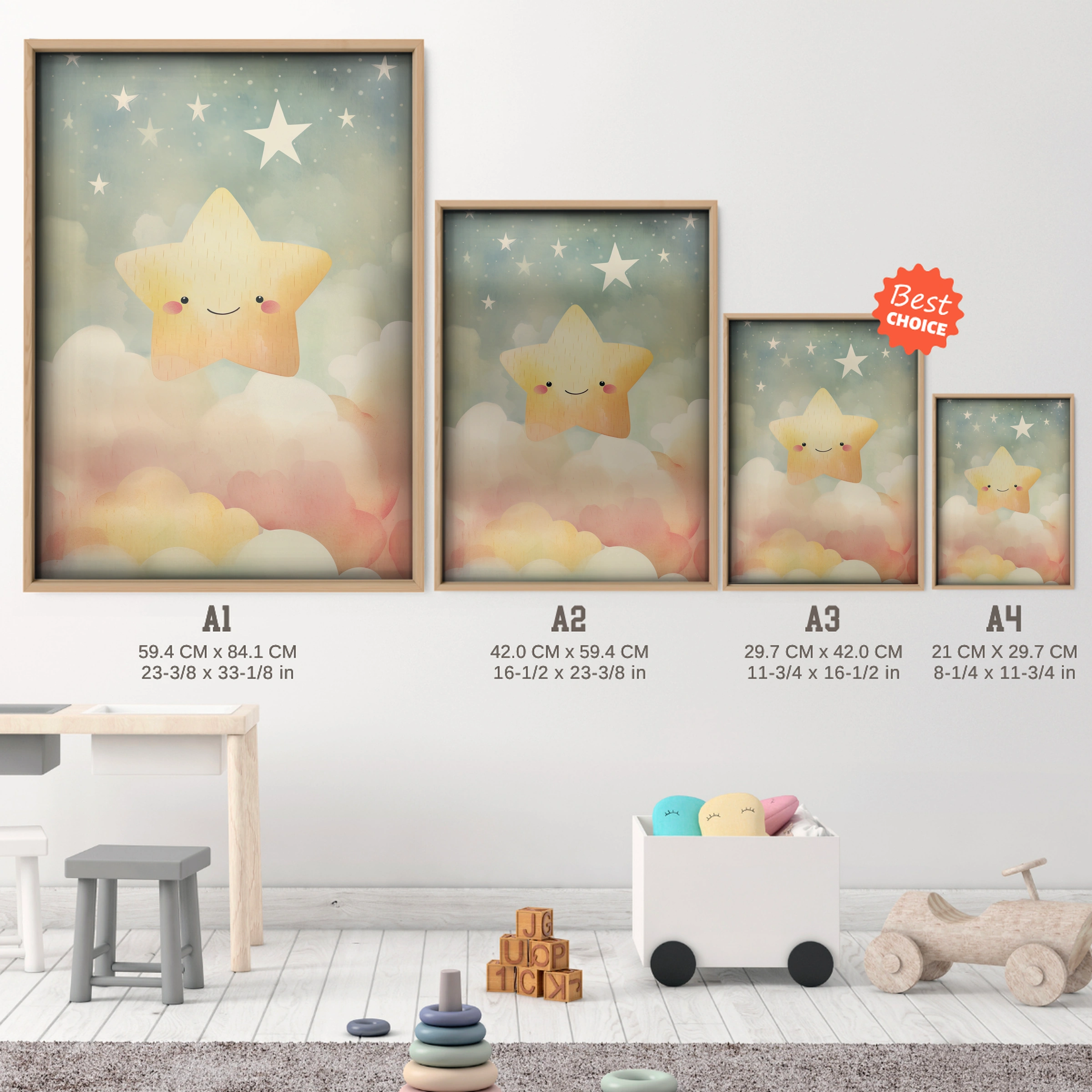 Happy Star Nursery Print - size guide A4 A3 A2 A1 nursery print