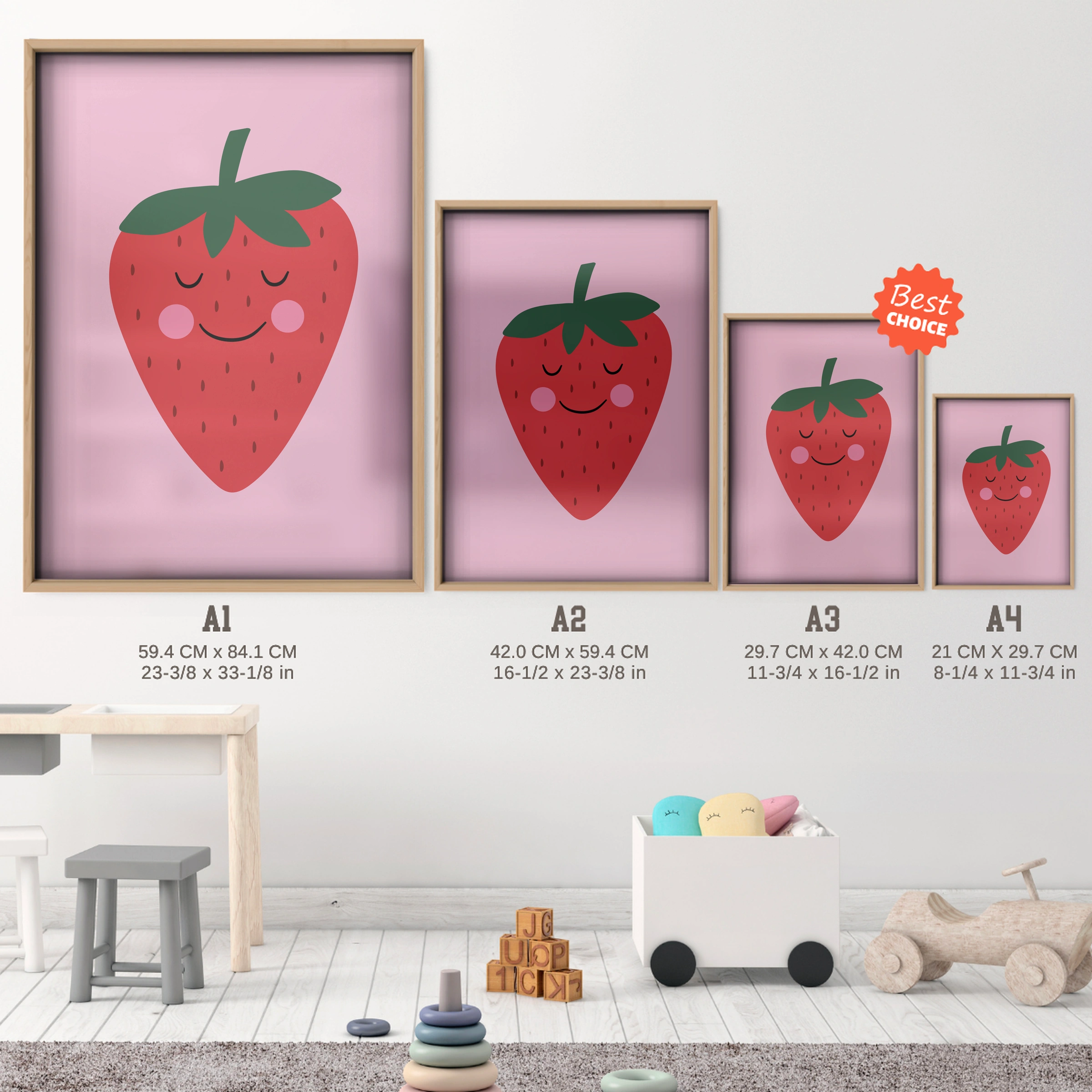 Happy Strawberry Nursery Print - size guide A4 A3 A2 A1 nursery print