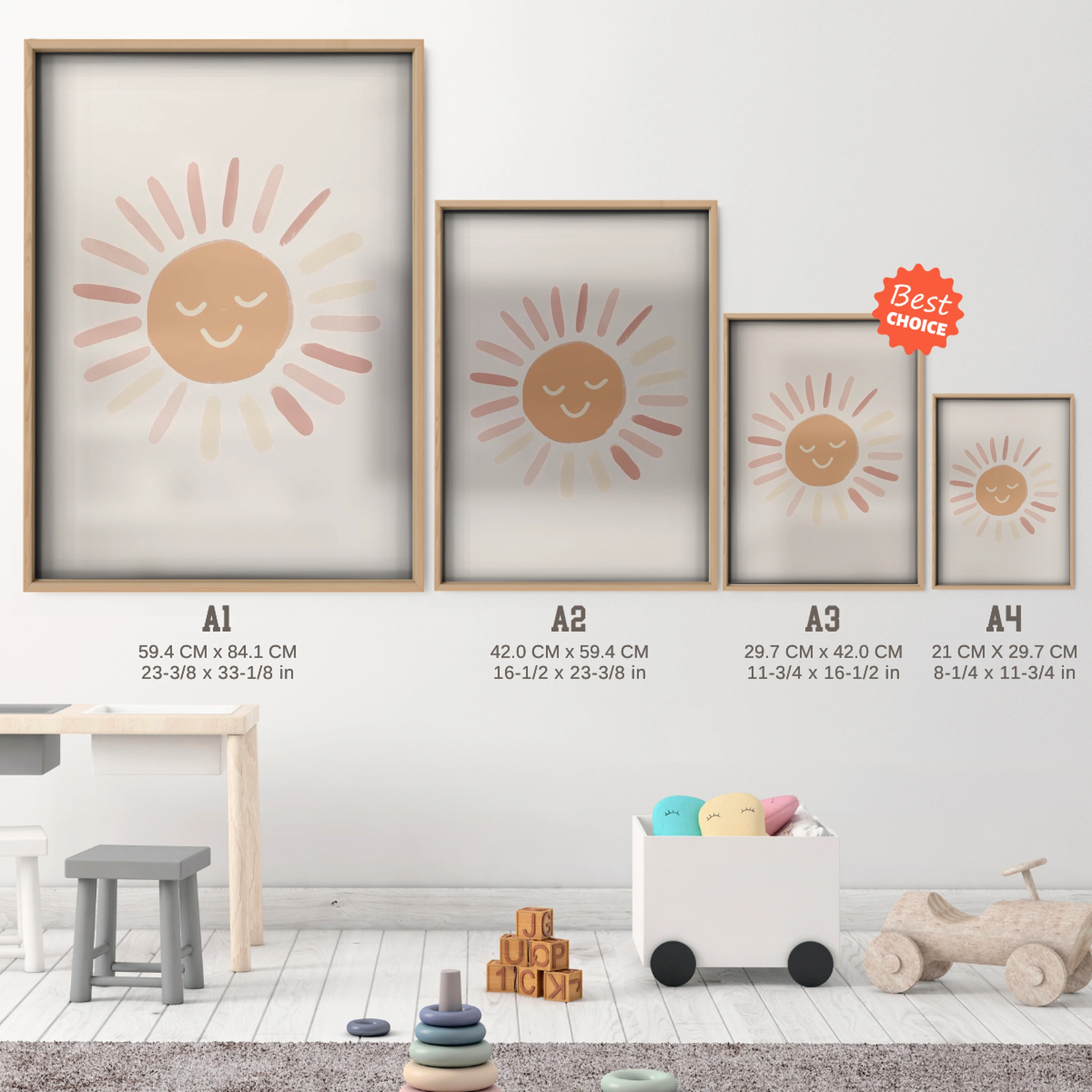 Happy Sunshine Nursery Print - size guide A4 A3 A2 A1 nursery print