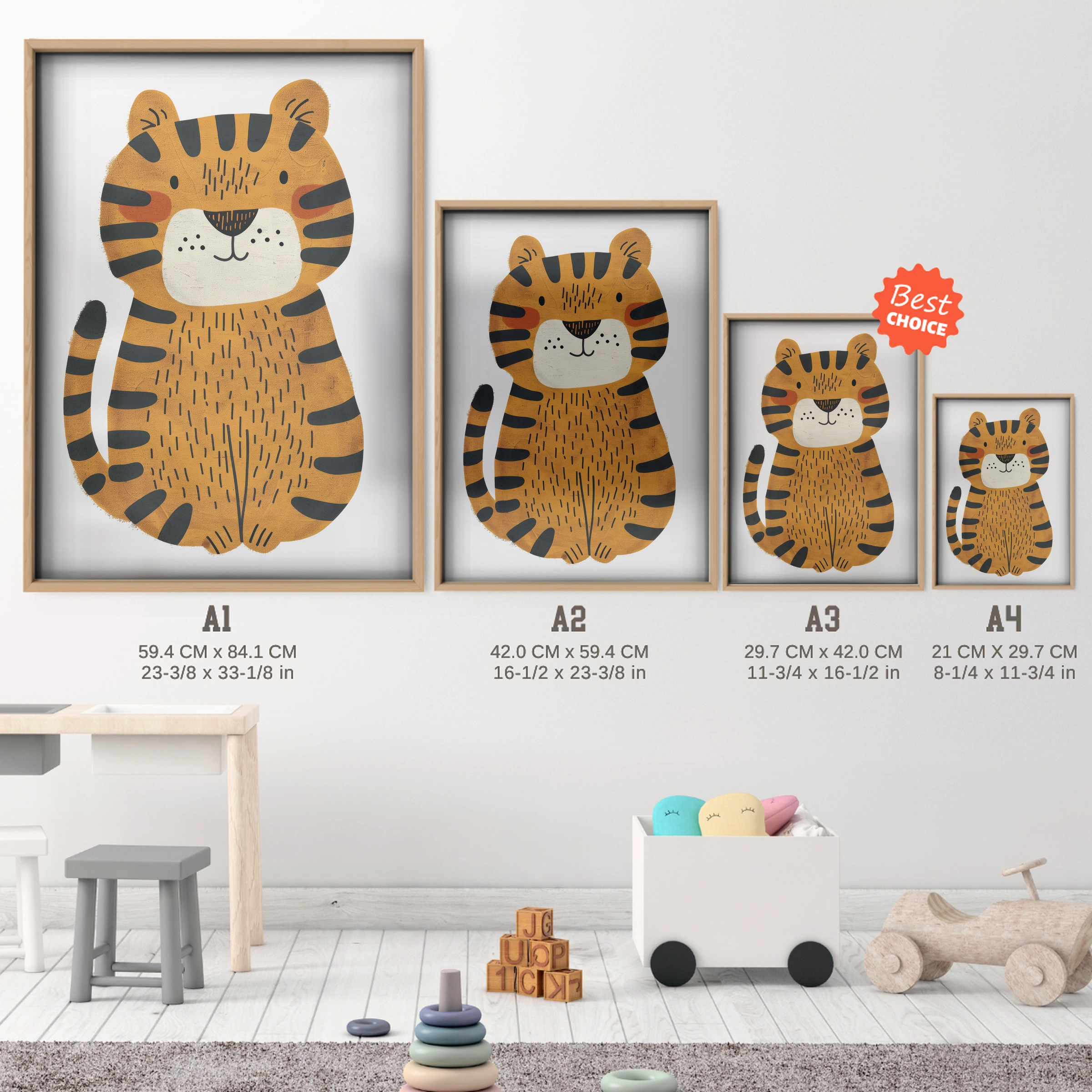 Happy Tiger Nursery Print - size guide A4 A3 A2 A1 nursery print