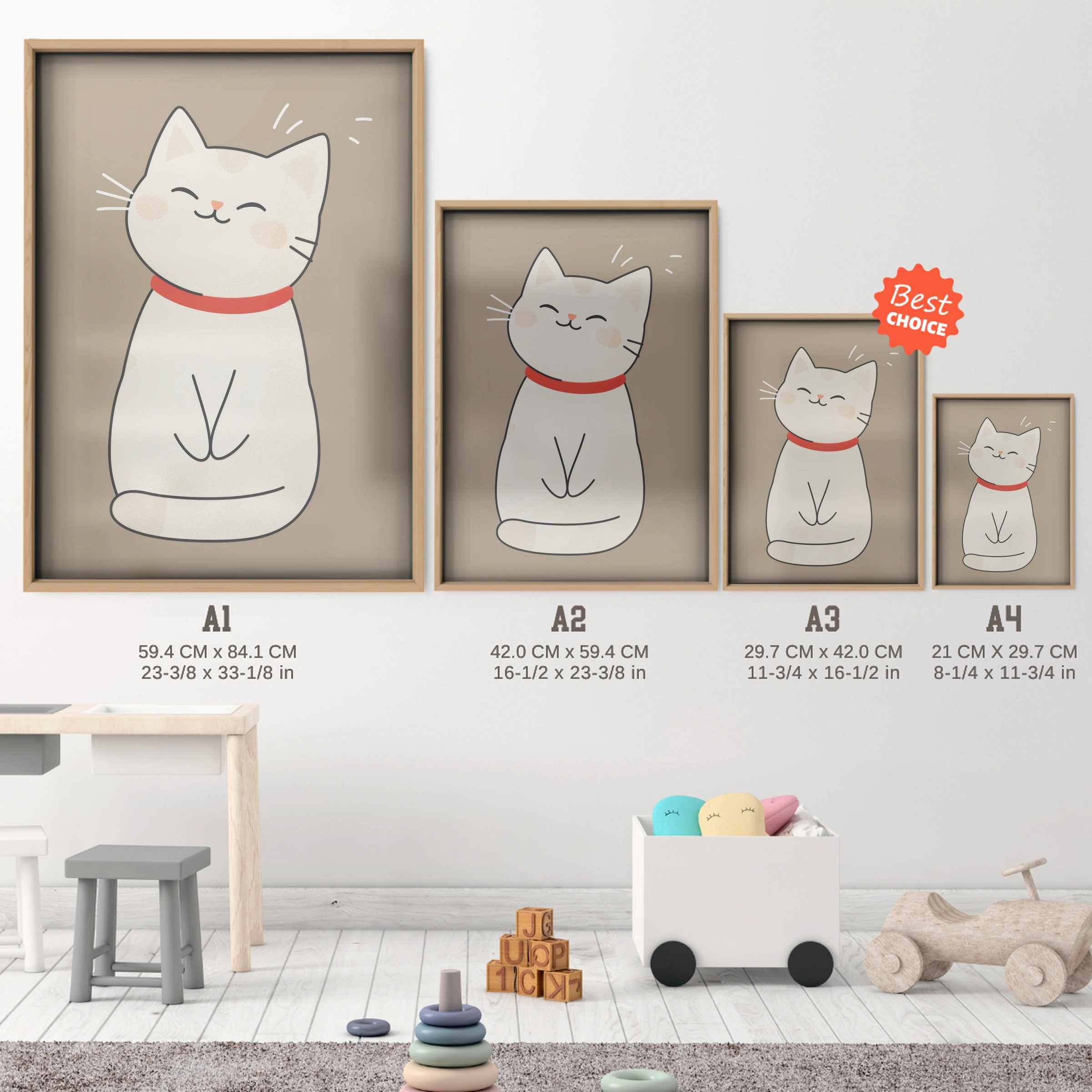 Happy White Cat Nursery Print - size guide A4 A3 A2 A1 nursery print