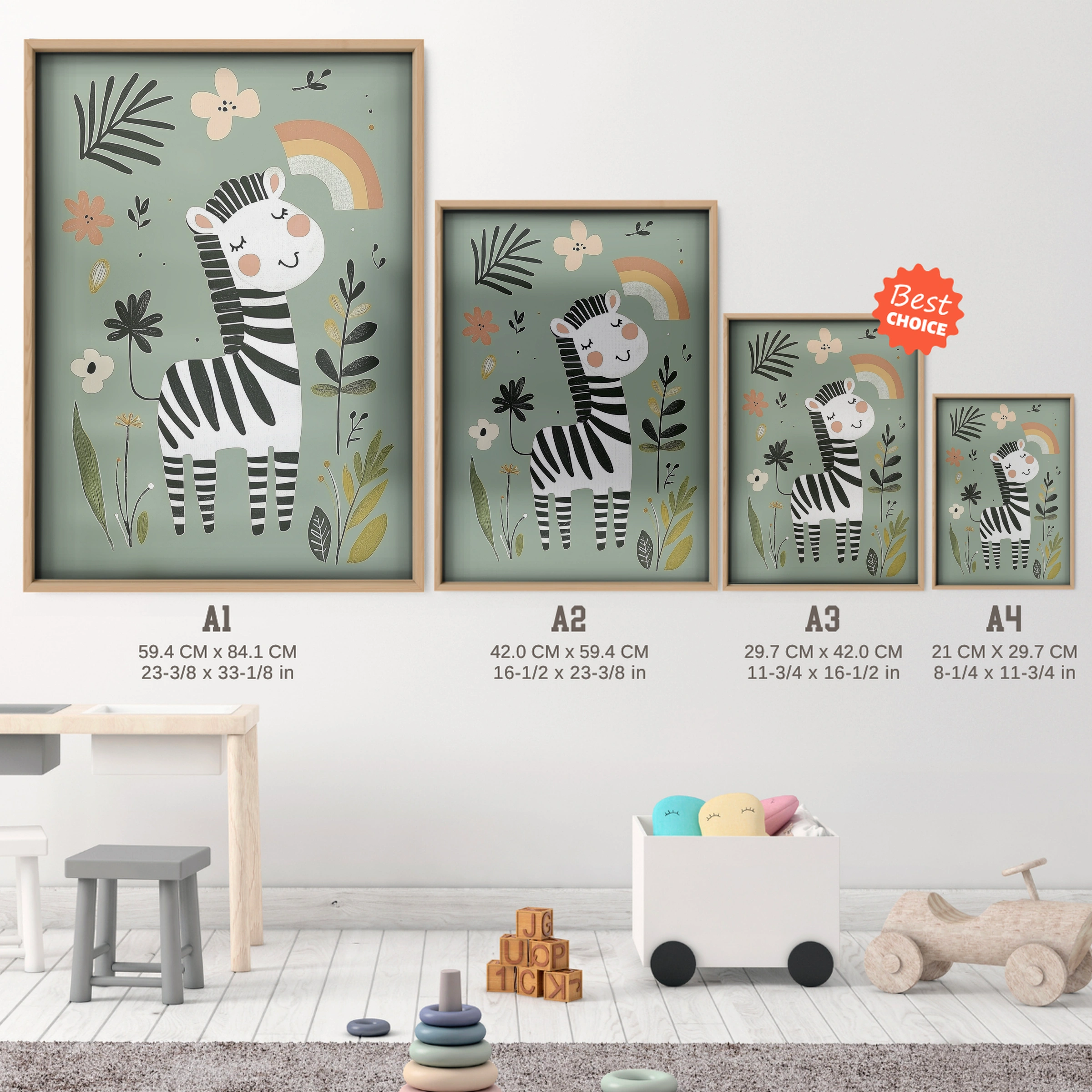 Happy Zebra Nursery Print - size guide A4 A3 A2 A1 nursery print