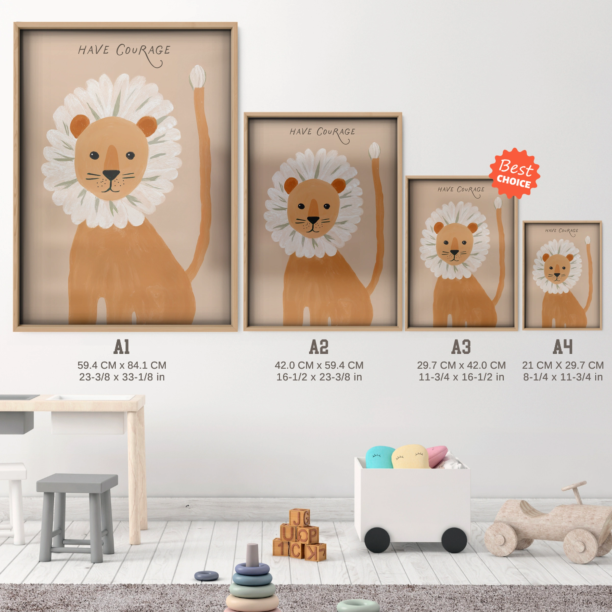 Have Courage Lion Nursery Print - size guide A4 A3 A2 A1 nursery print