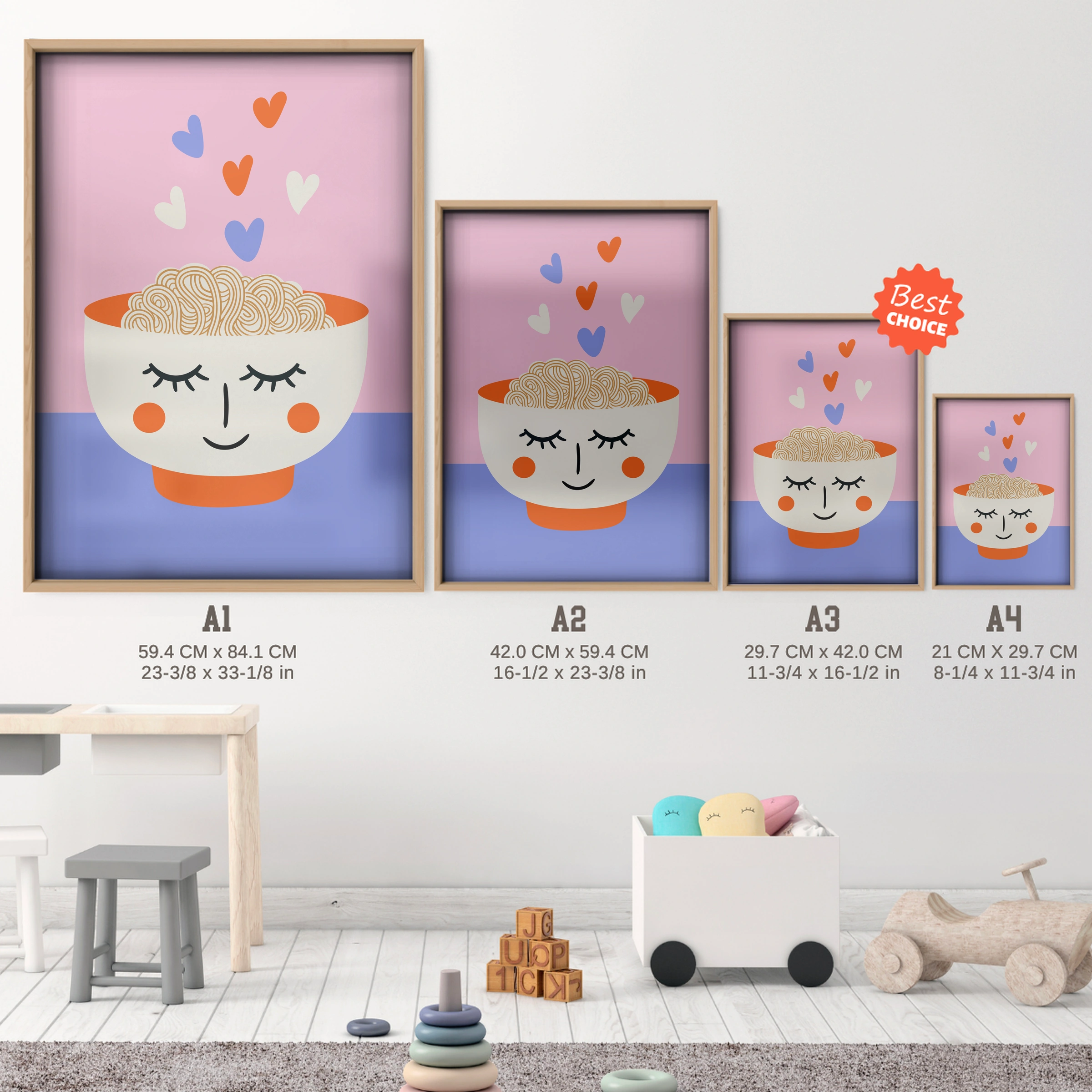 Heart Bowl Nursery Print - size guide A4 A3 A2 A1 nursery print