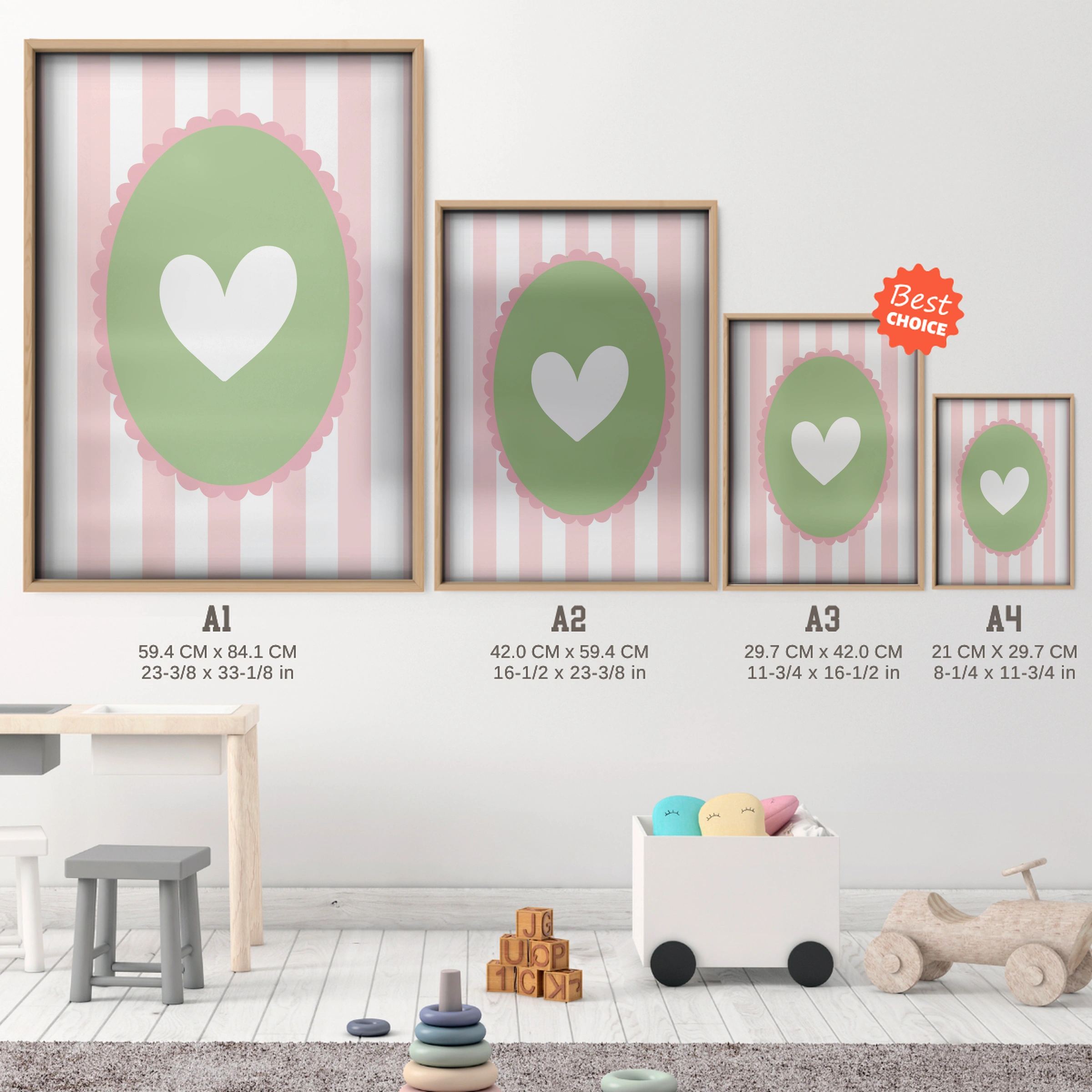 Heart Cameo Nursery Print - size guide A4 A3 A2 A1 nursery print