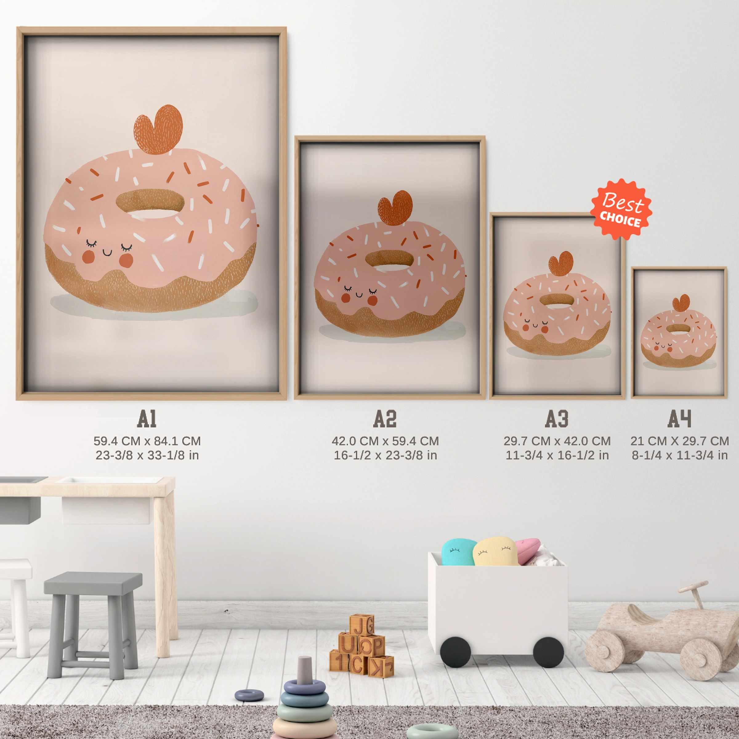 Heart Donut Nursery Print - size guide A4 A3 A2 A1 nursery print