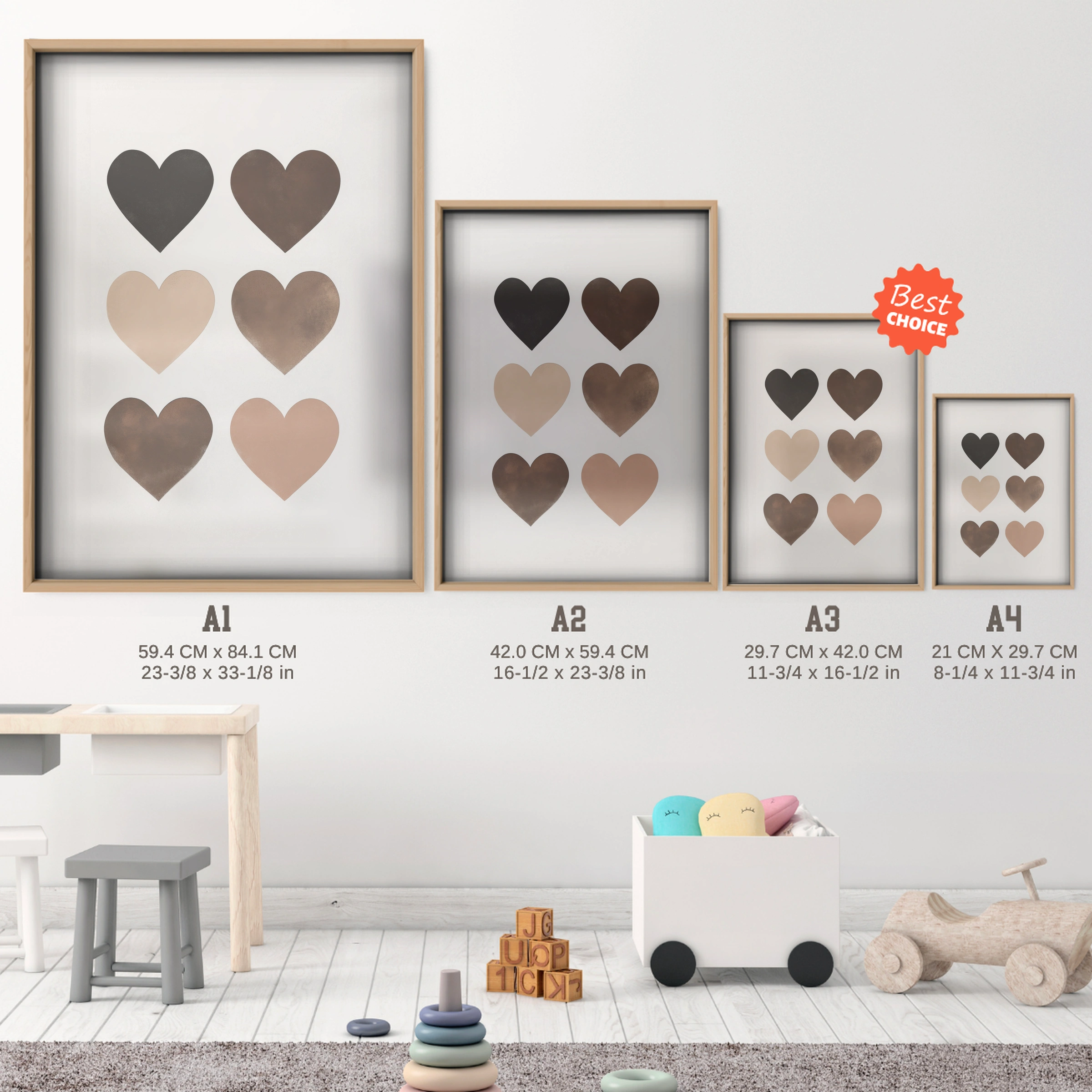 Hearts Grid Nursery Print - size guide A4 A3 A2 A1 nursery print