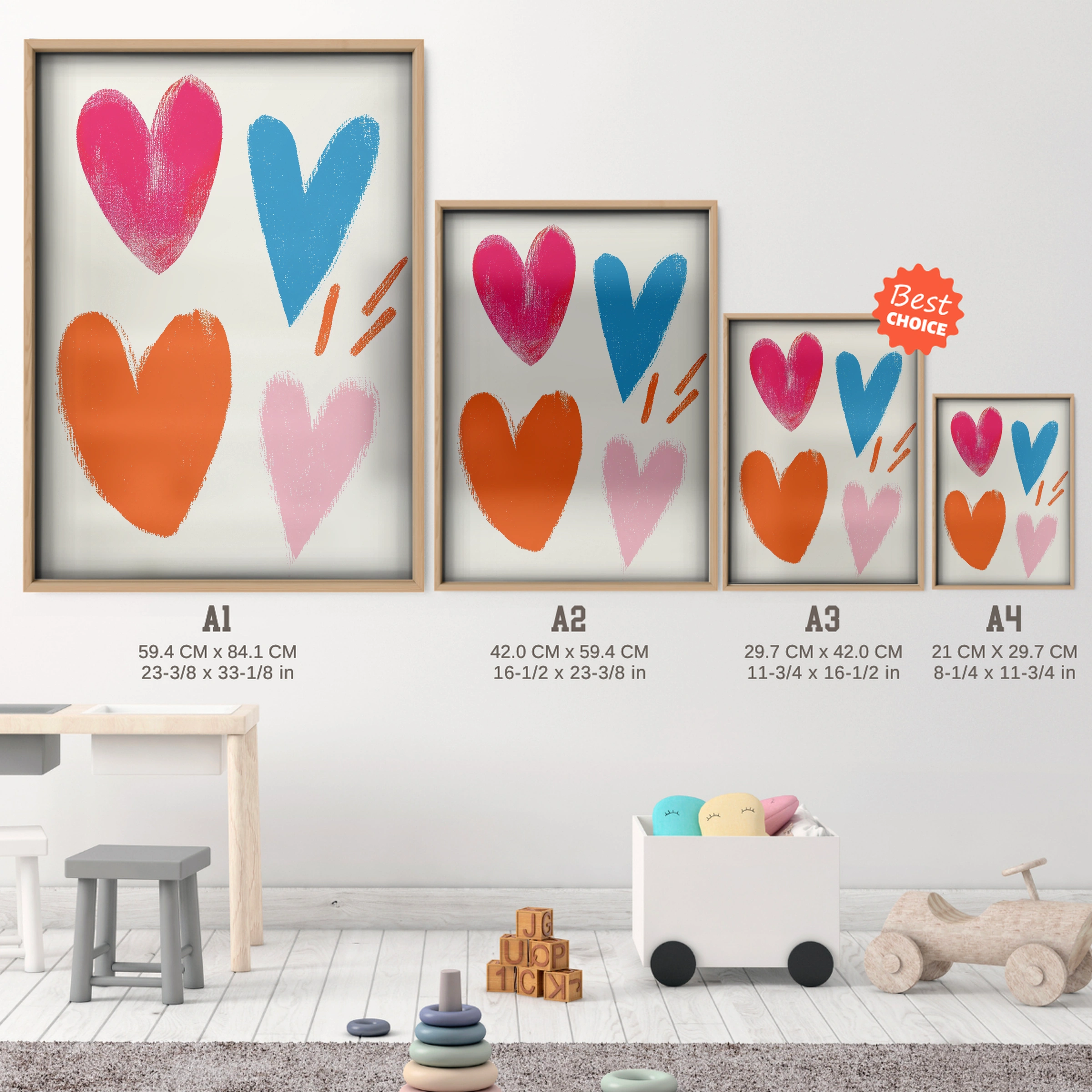 Hearts Nursery Print - size guide A4 A3 A2 A1 nursery print