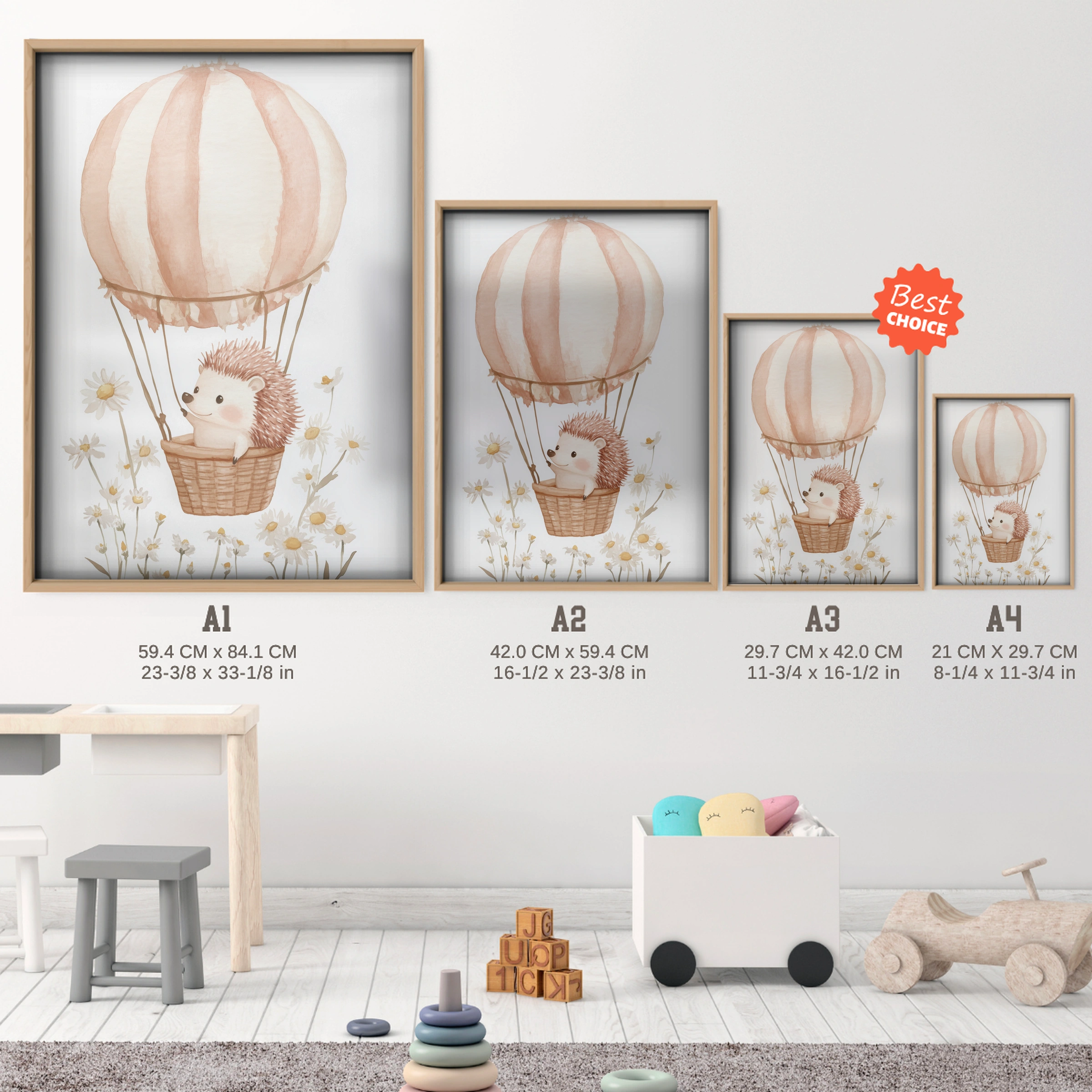 Hedgehog Hot Air Balloon Nursery Print - size guide A4 A3 A2 A1 nursery print