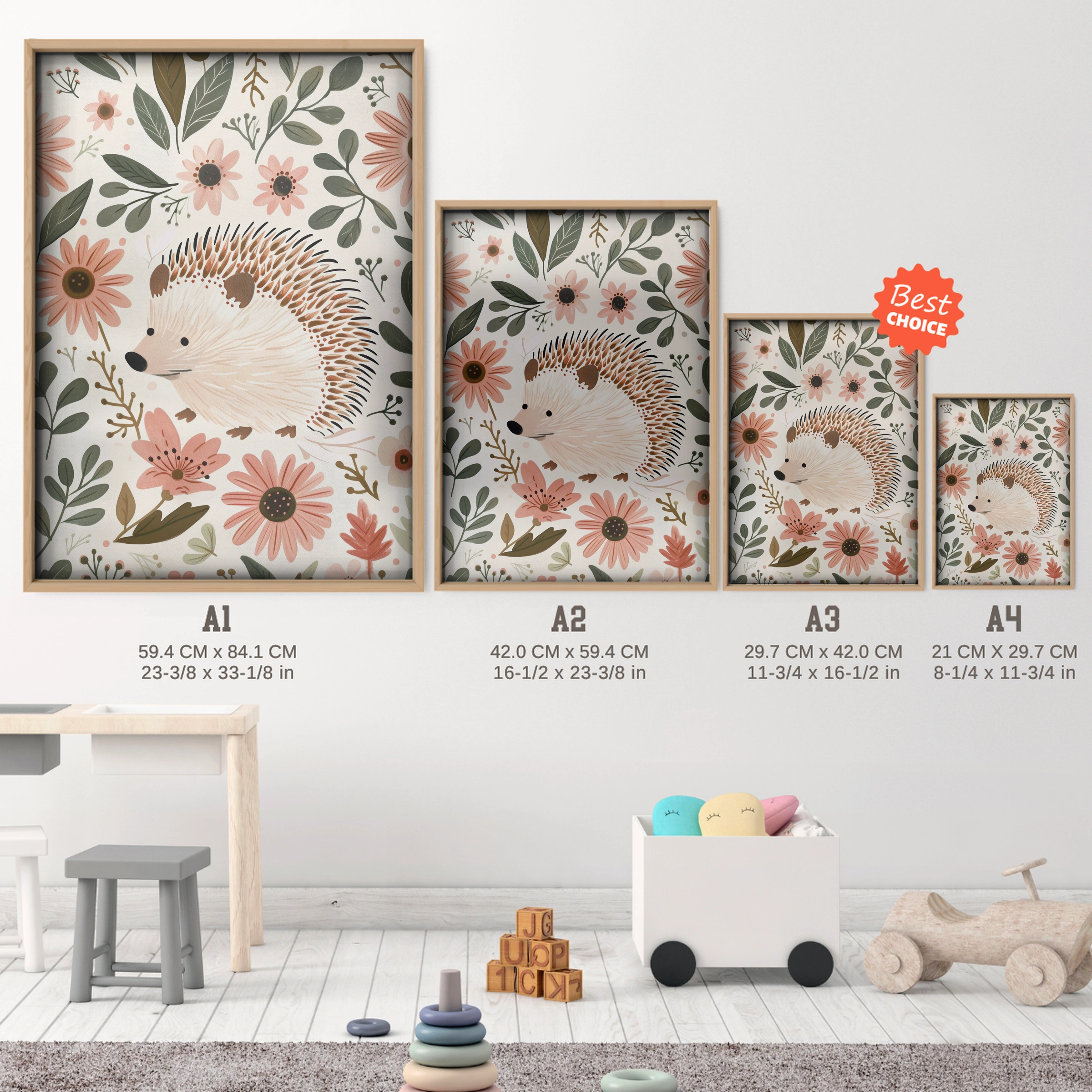 Hedgehog in Flowers Nursery Print - size guide A4 A3 A2 A1 nursery print