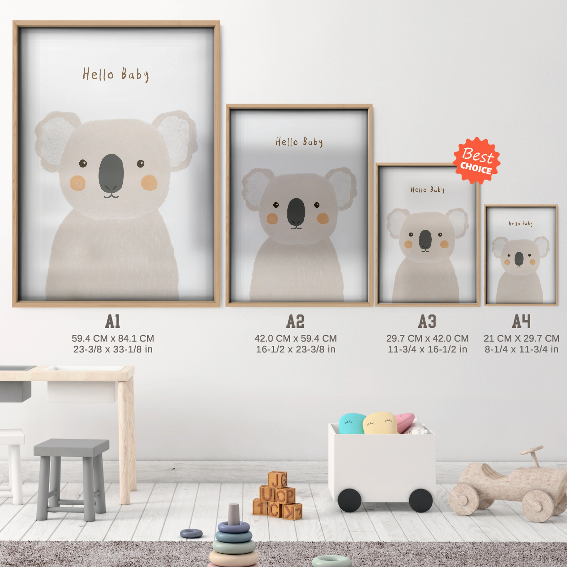 Hello Baby Koala Nursery Print - size guide A4 A3 A2 A1 nursery print