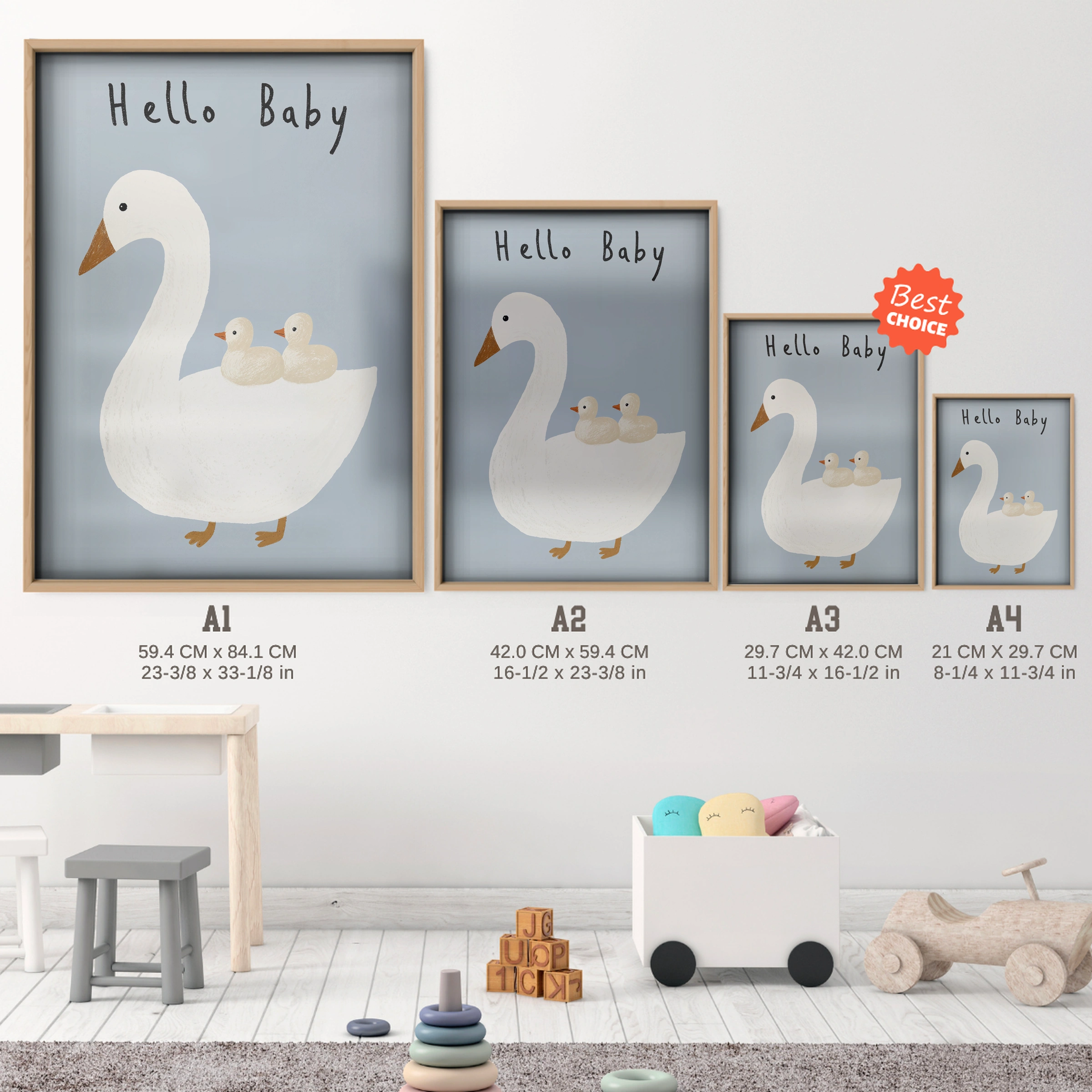 Hello Baby Swan Nursery Print - size guide A4 A3 A2 A1 nursery print