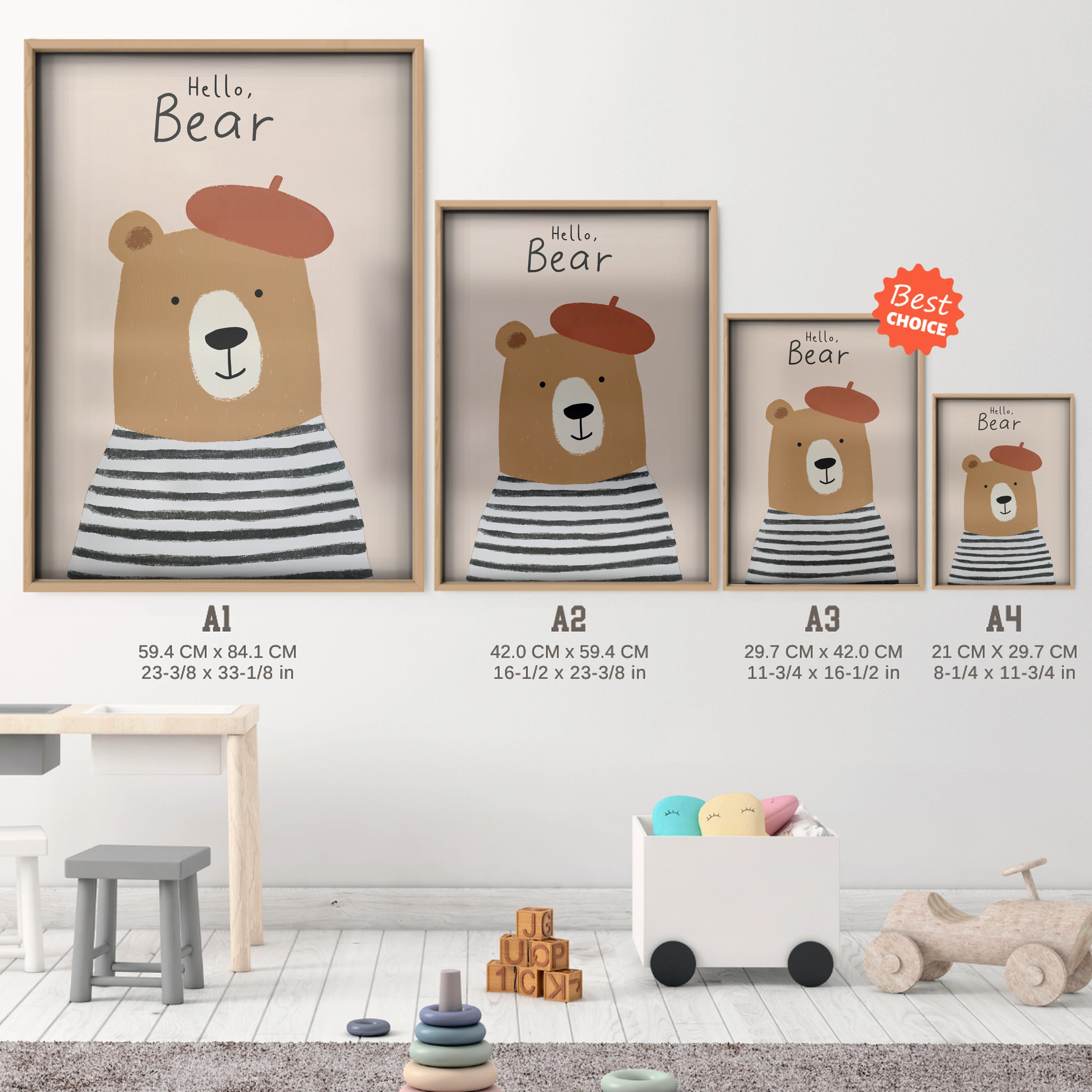 Hello Bear Nursery Print - size guide A4 A3 A2 A1 nursery print