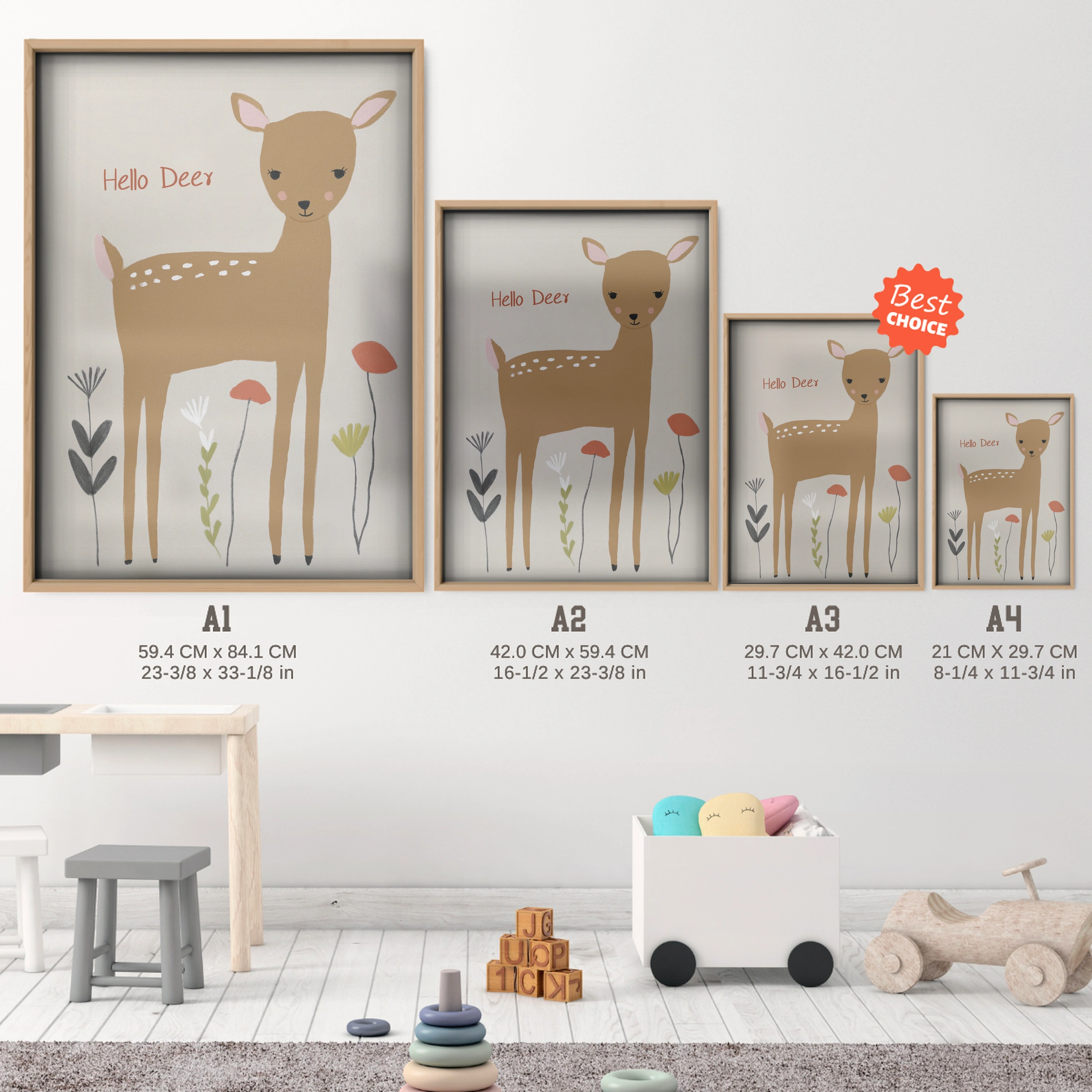 Hello Deer Nursery Print - size guide A4 A3 A2 A1 nursery print