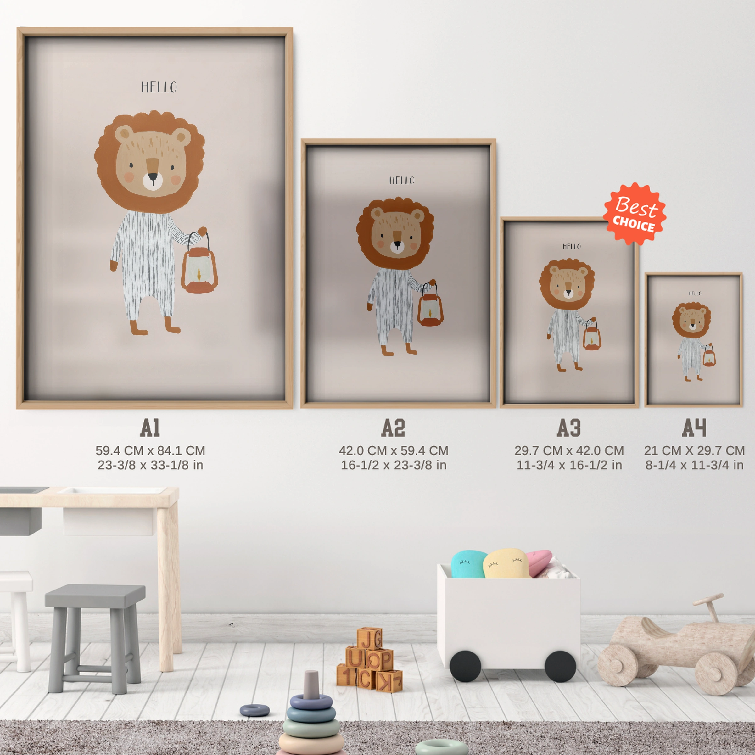 Hello Lion Nursery Print - size guide A4 A3 A2 A1 nursery print