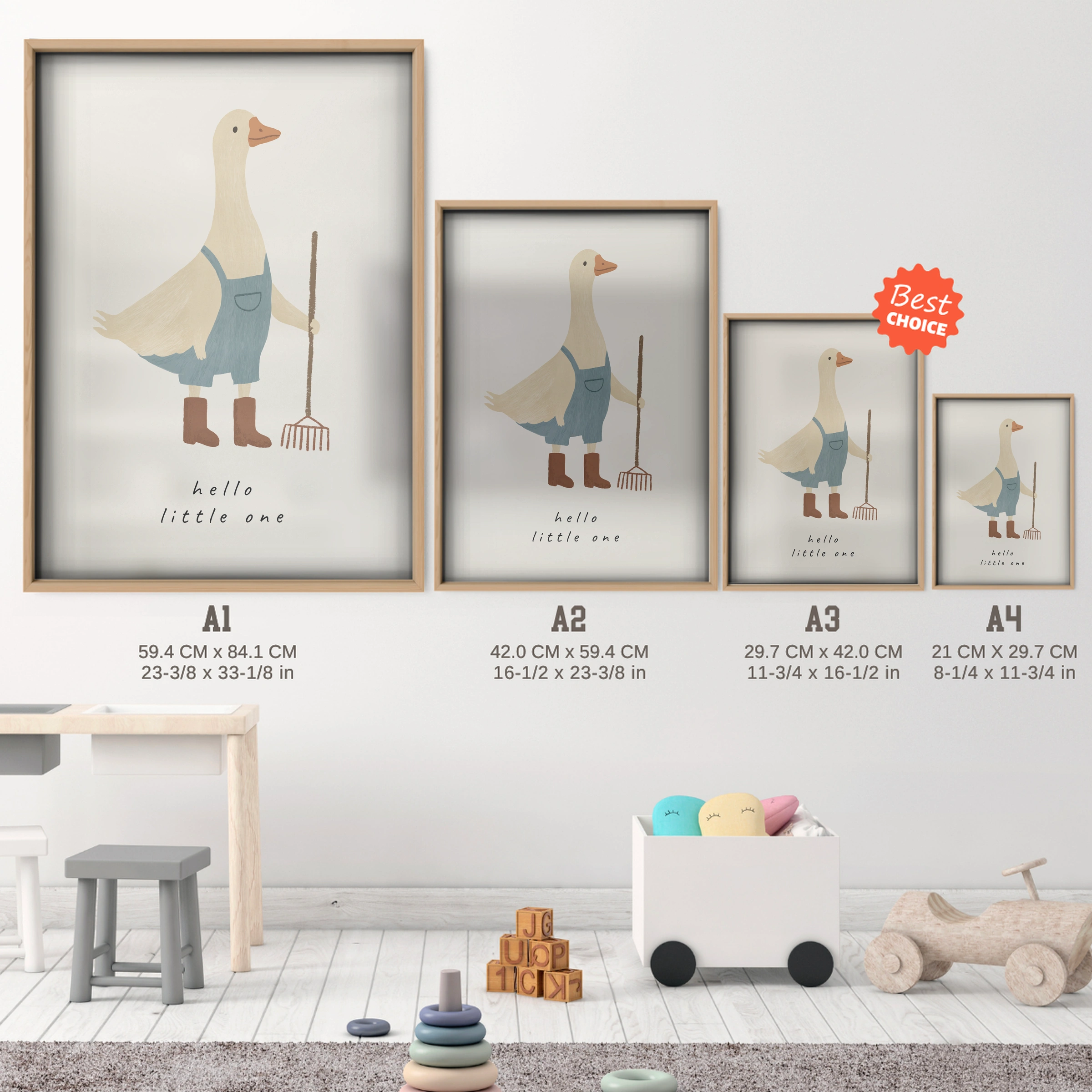 Hello Little One Goose Nursery Print - size guide A4 A3 A2 A1 nursery print
