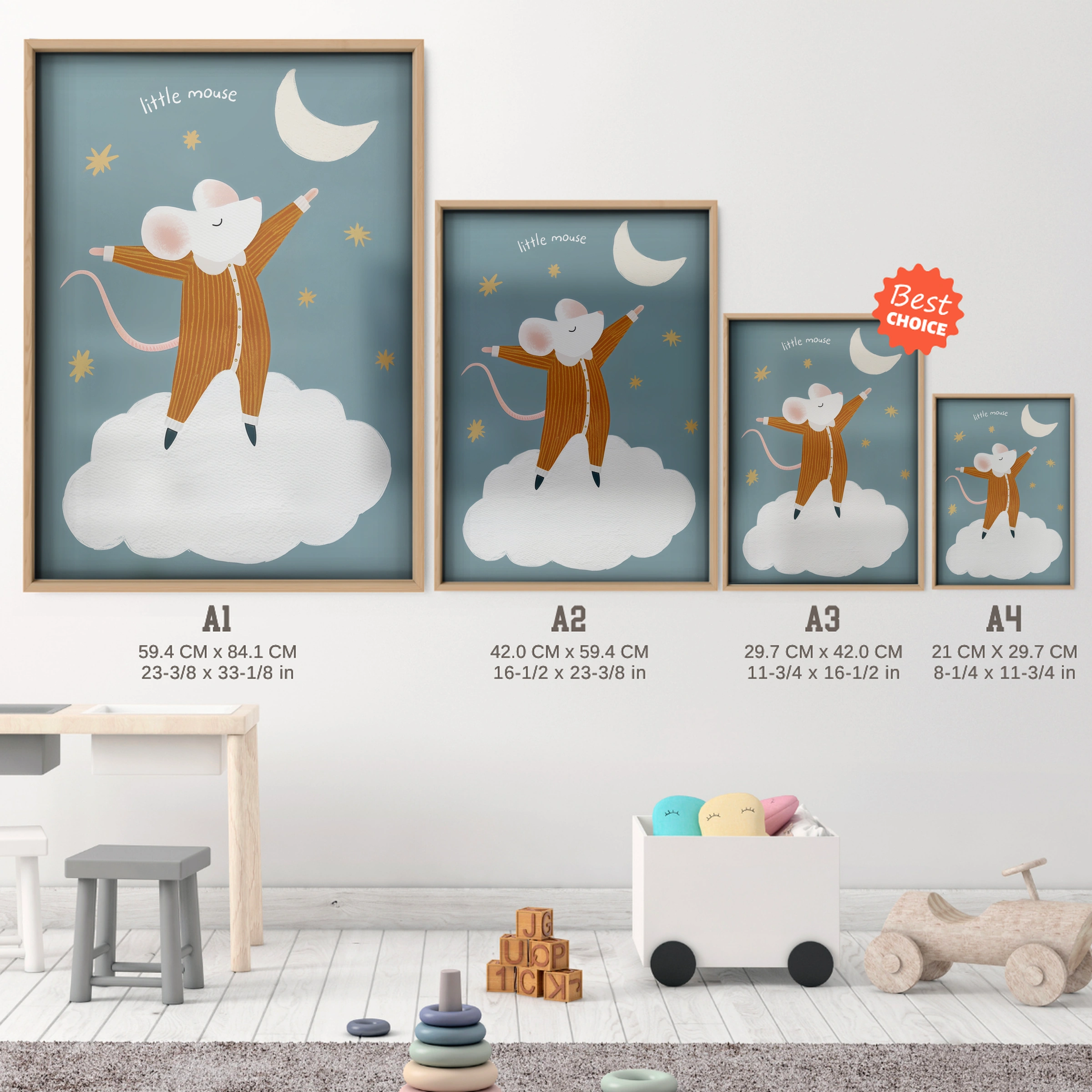 Hello Moon Mouse Nursery Print - size guide A4 A3 A2 A1 nursery print