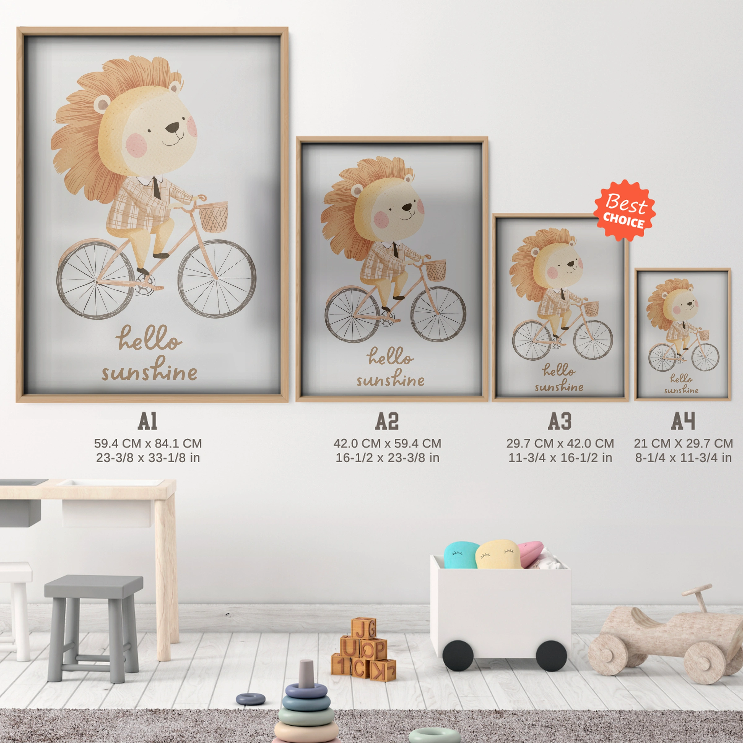 Hello Sunshine Cycling Lion Nursery Print - size guide A4 A3 A2 A1 nursery print