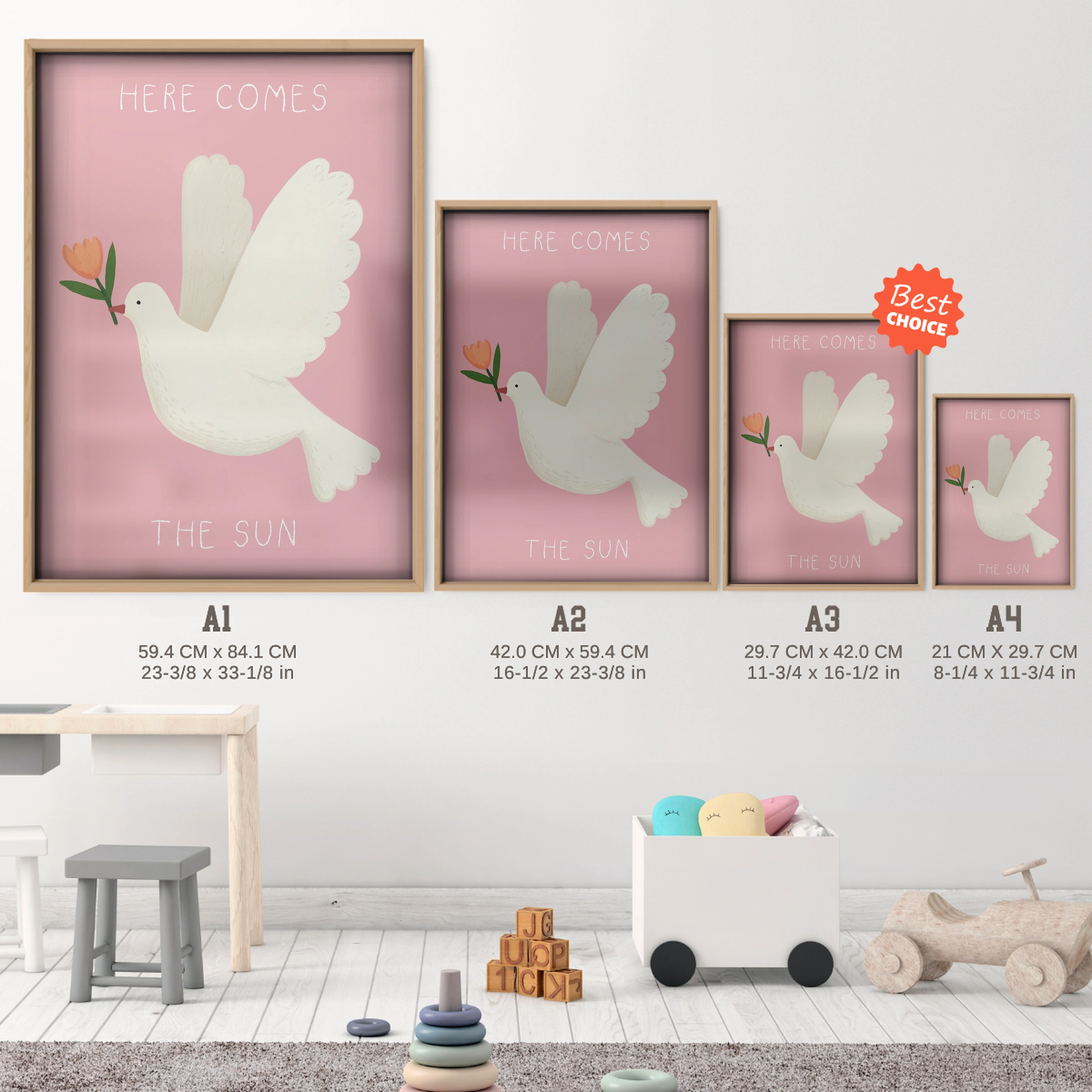 Here Comes the Sun Dove Nursery Print - size guide A4 A3 A2 A1 nursery print