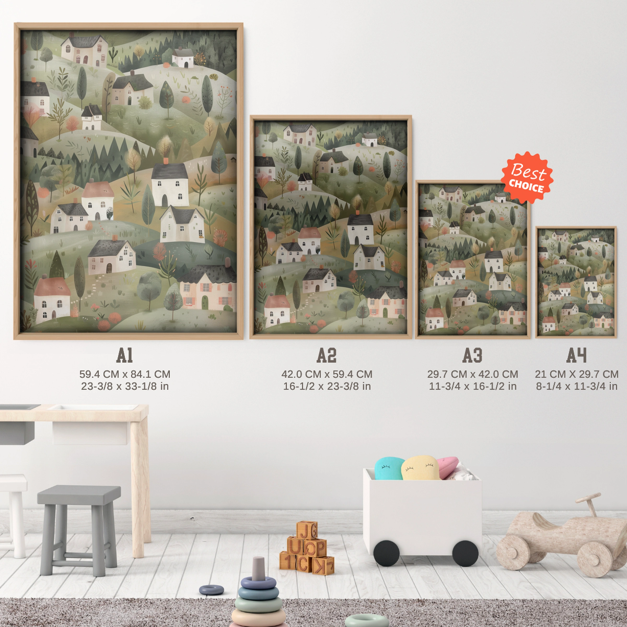 Hillside Houses Nursery Print - size guide A4 A3 A2 A1 nursery print