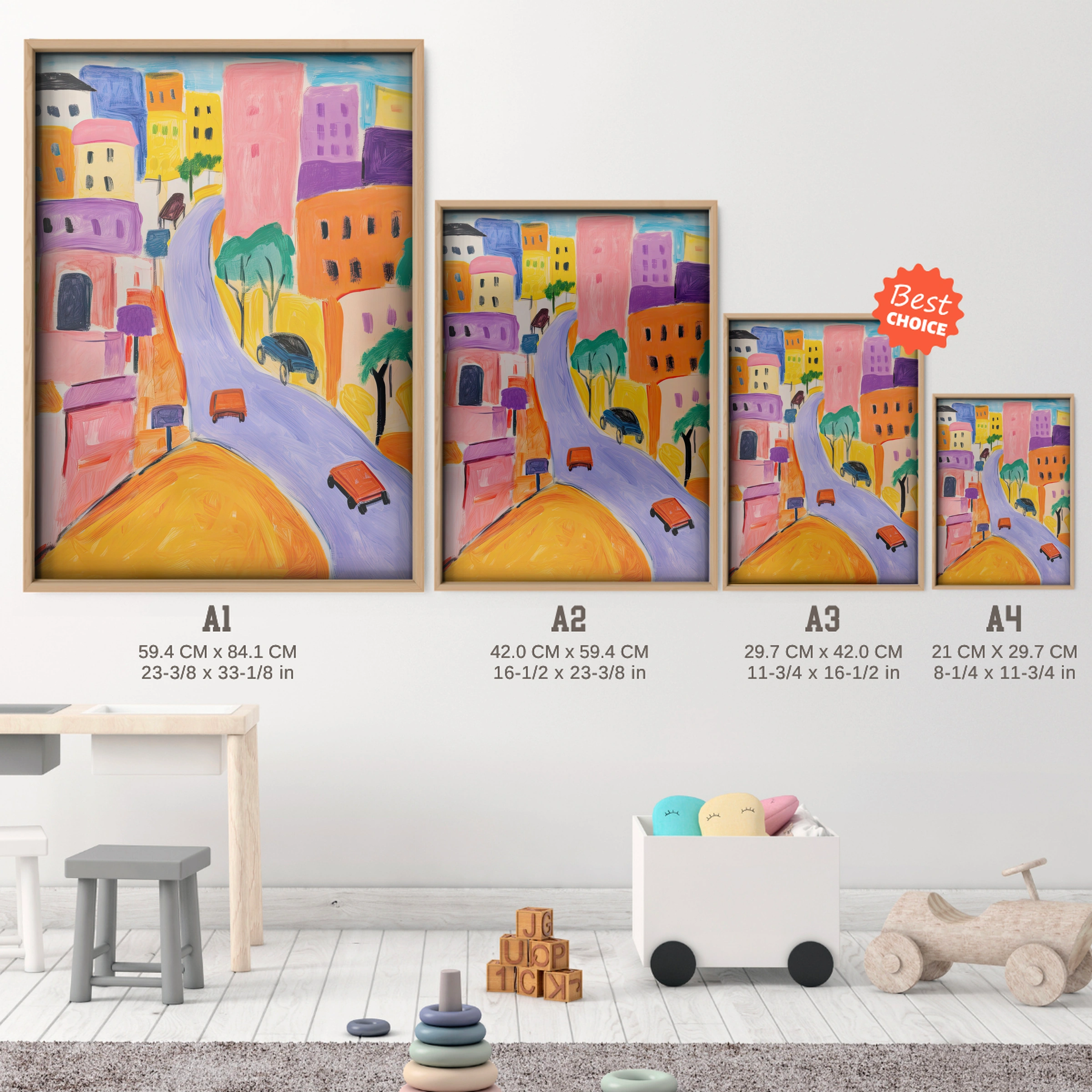 Hillside Town Nursery Print - size guide A4 A3 A2 A1 nursery print