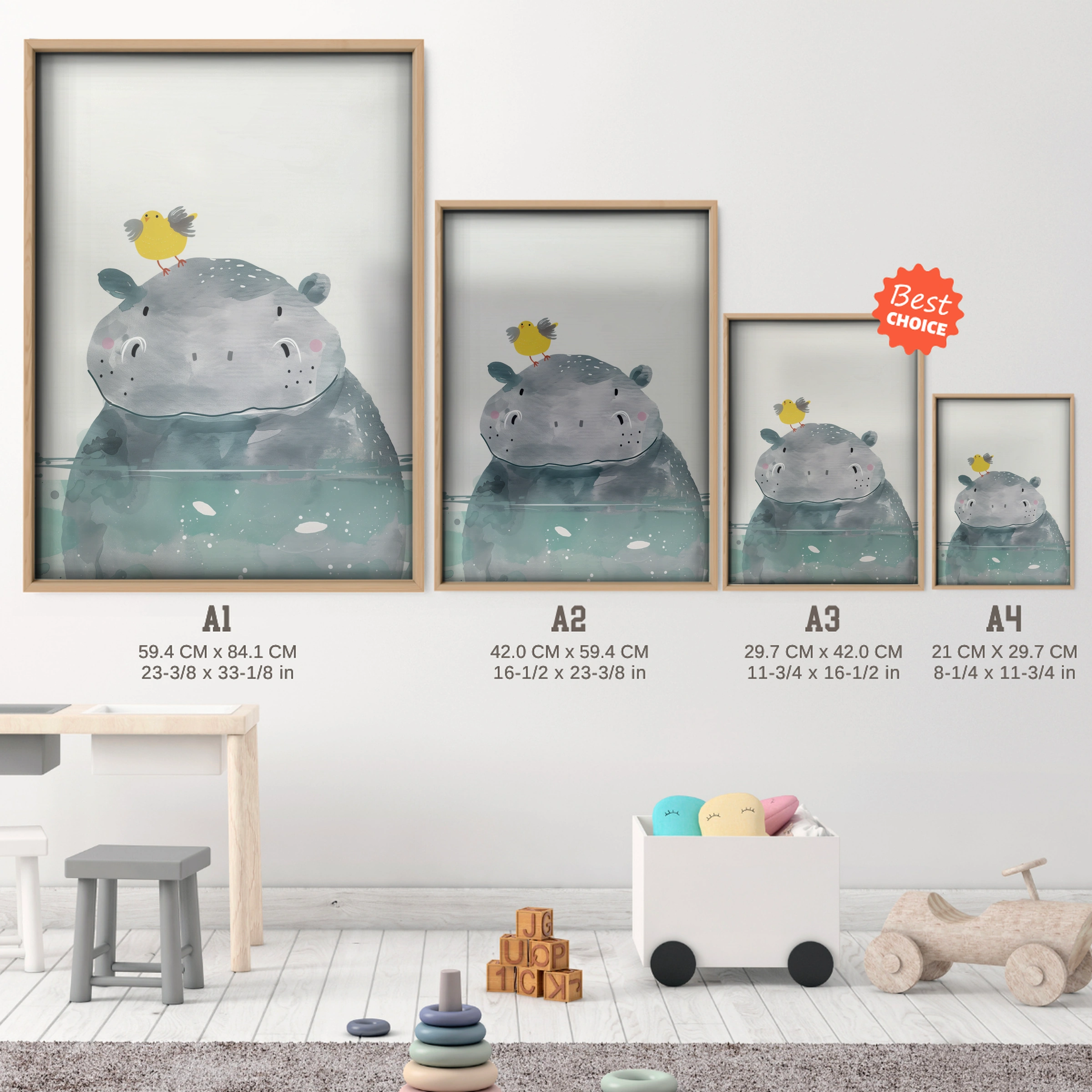 Hippo and a Bird Nursery Print - size guide A4 A3 A2 A1 nursery print