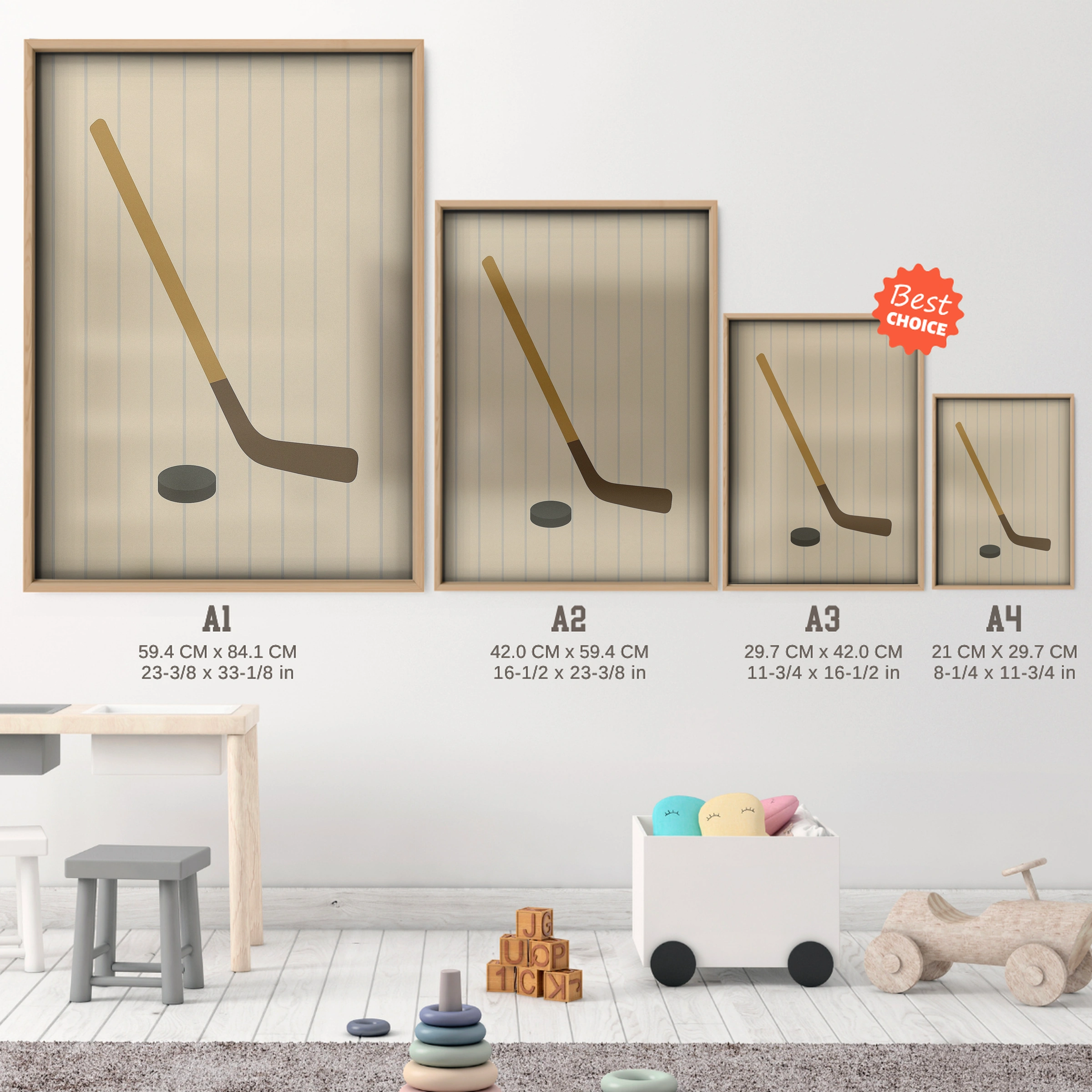 Hockey Stick and Puck Nursery Print - size guide A4 A3 A2 A1 nursery print