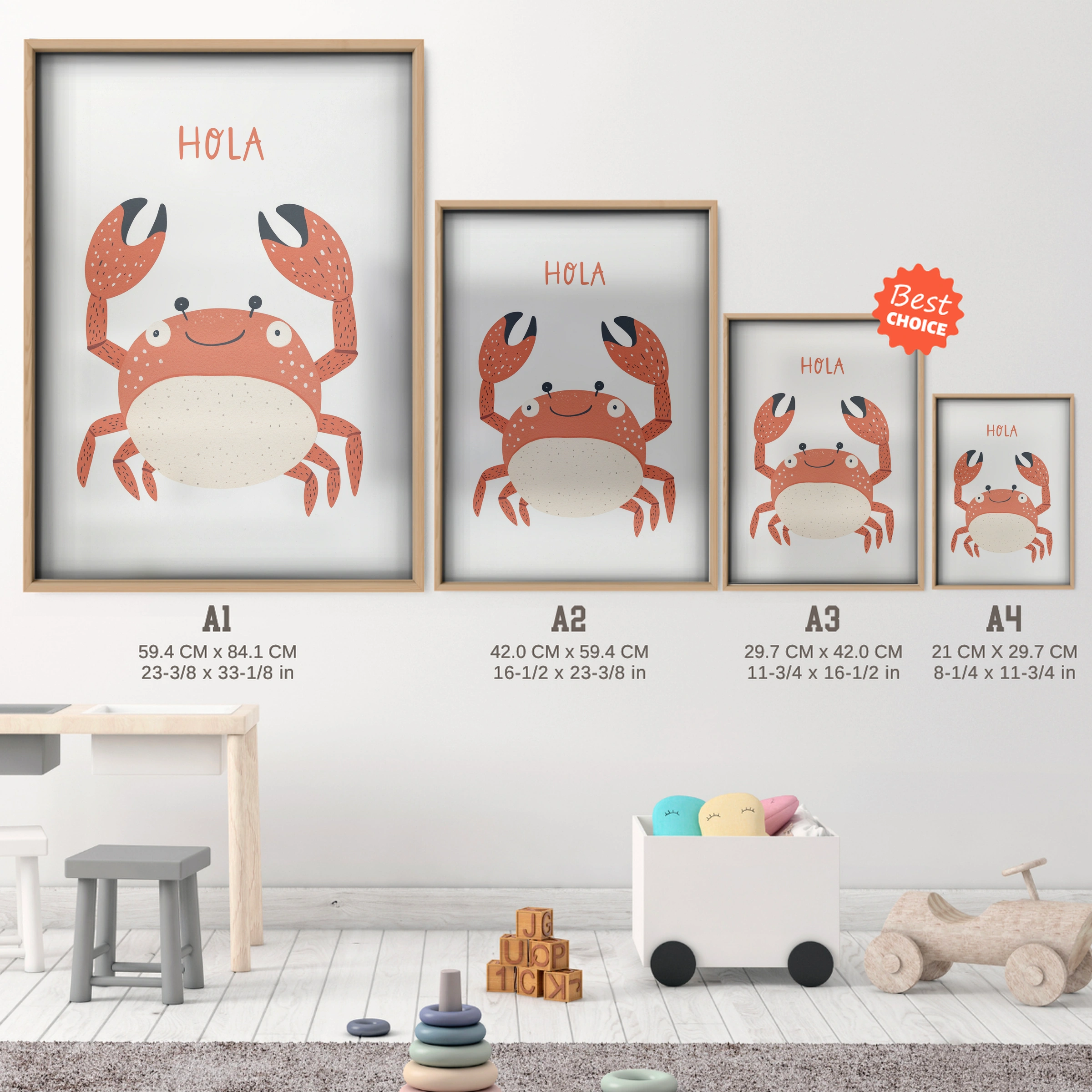 Hola Crab Nursery Print - size guide A4 A3 A2 A1 nursery print