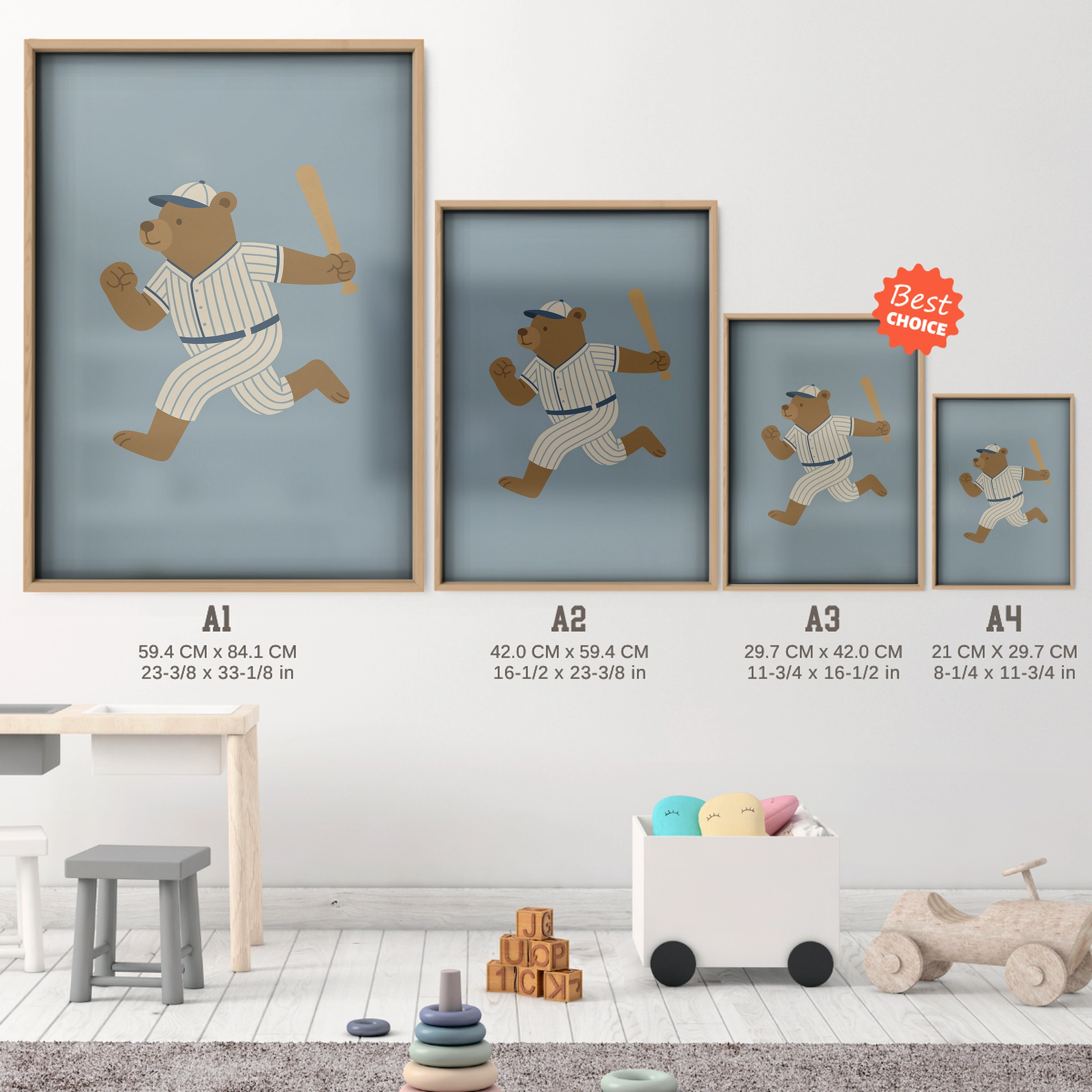Home Run Bear Nursery Print - size guide A4 A3 A2 A1 nursery print