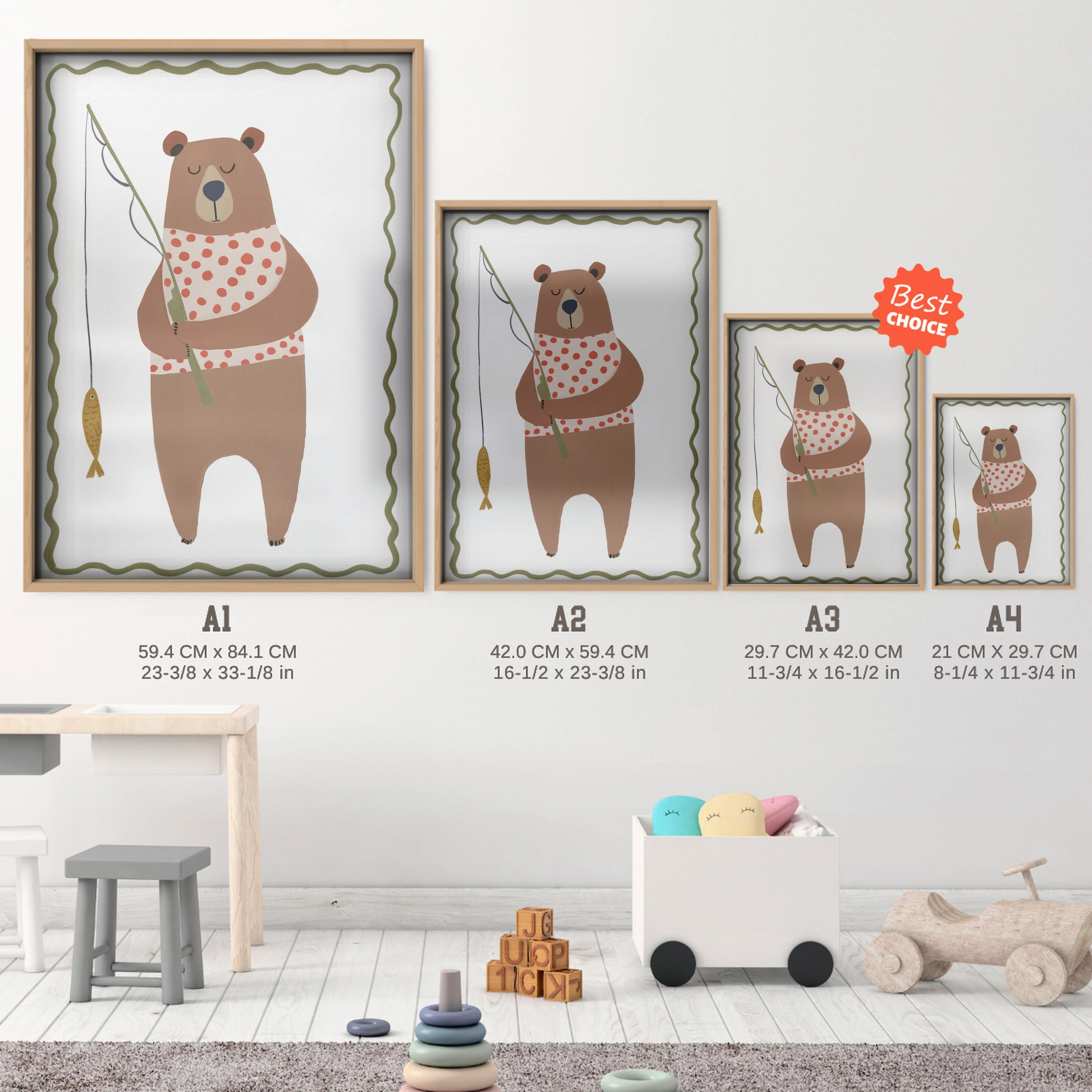 Honey Bear Nursery Print - size guide A4 A3 A2 A1 nursery print