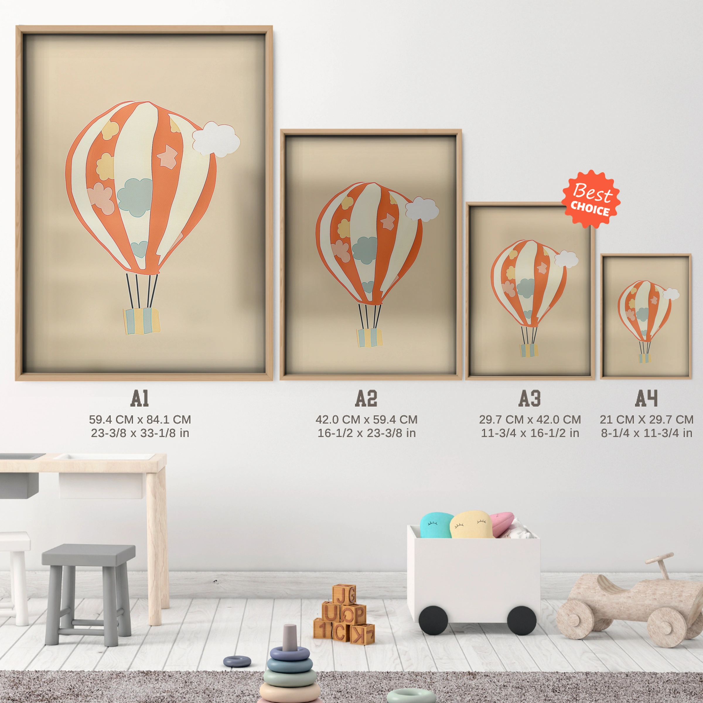 Hot Air Balloon Nursery Print - size guide A4 A3 A2 A1 nursery print