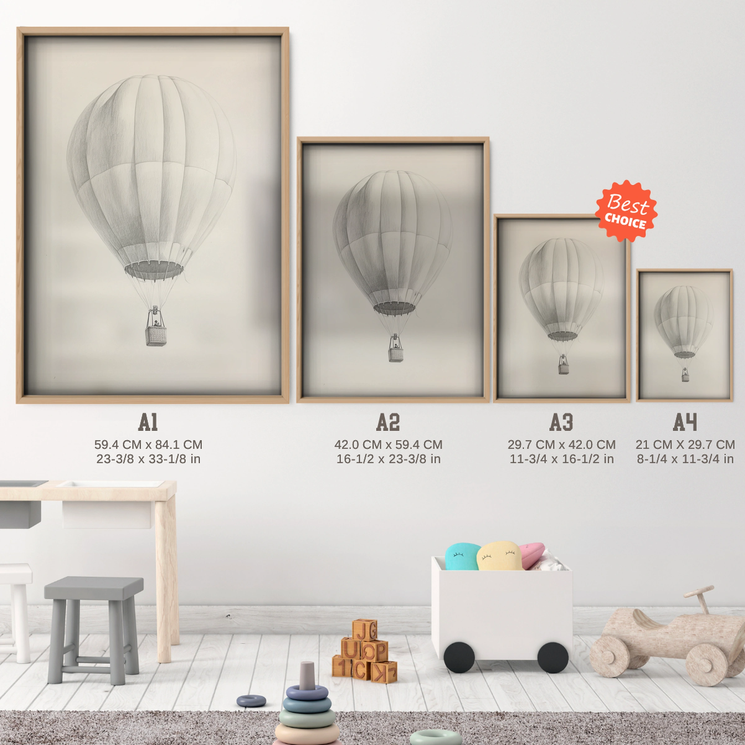 Hot Air Balloon Sketch Nursery Print - size guide A4 A3 A2 A1 nursery print