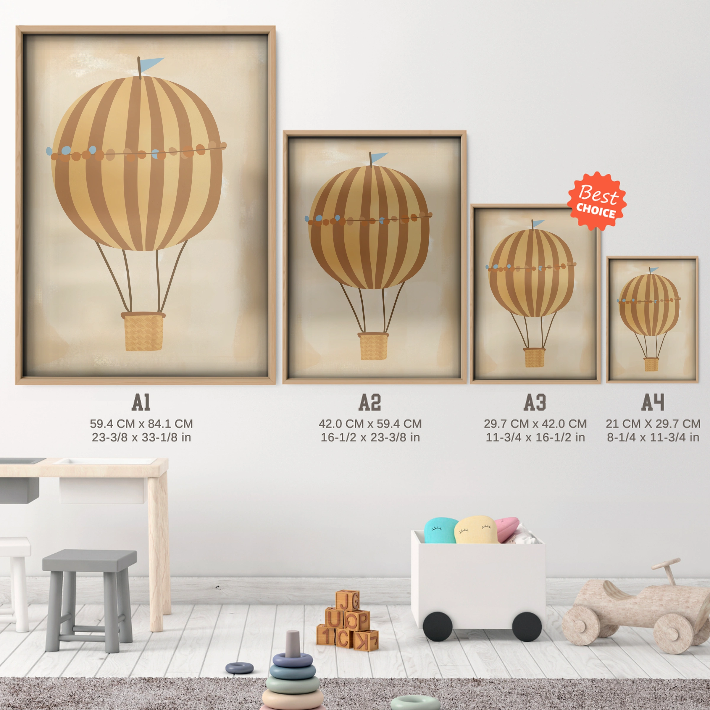 Hot Air Balloon Two Nursery Print - size guide A4 A3 A2 A1 nursery print