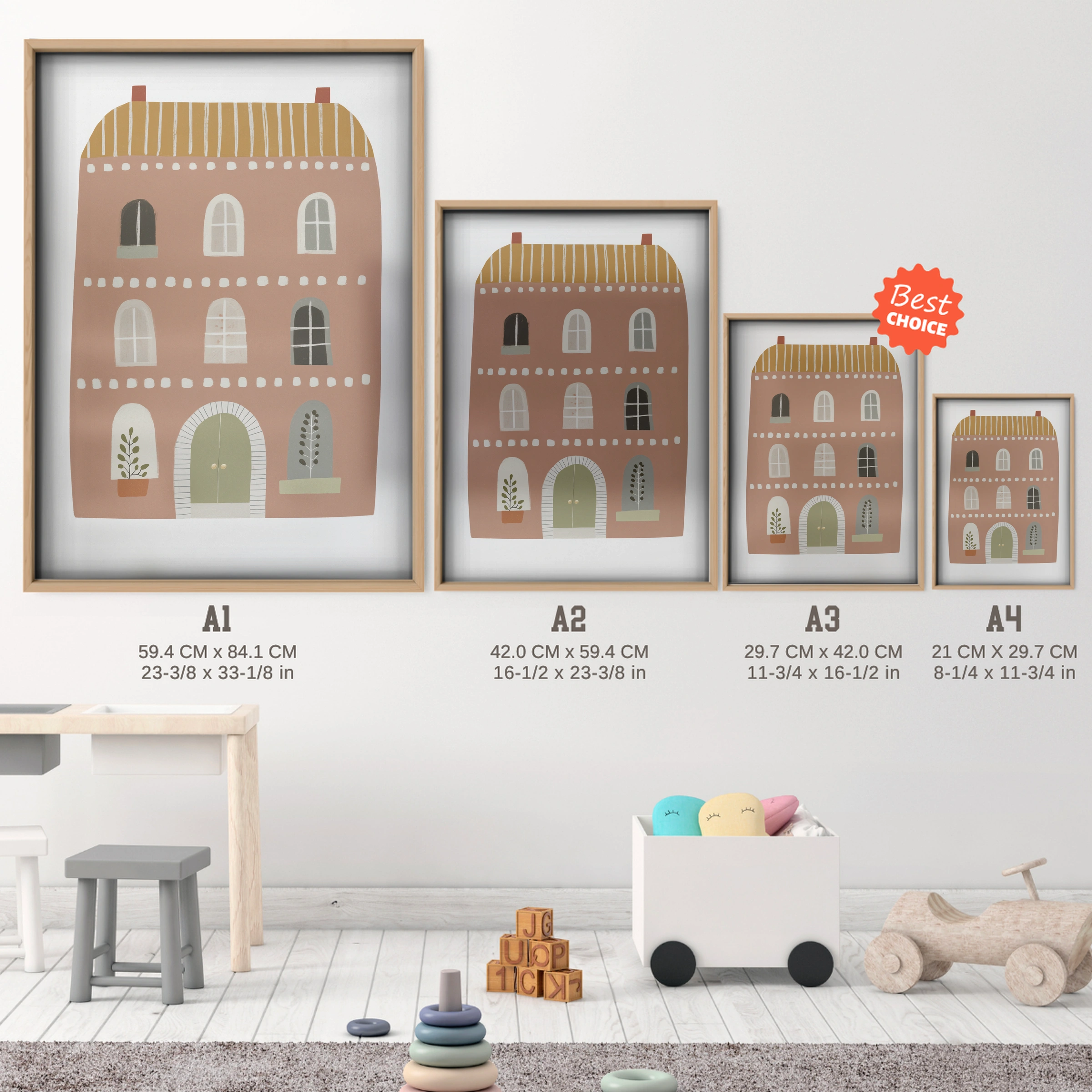 Houses and a Car Nursery Print - size guide A4 A3 A2 A1 nursery print