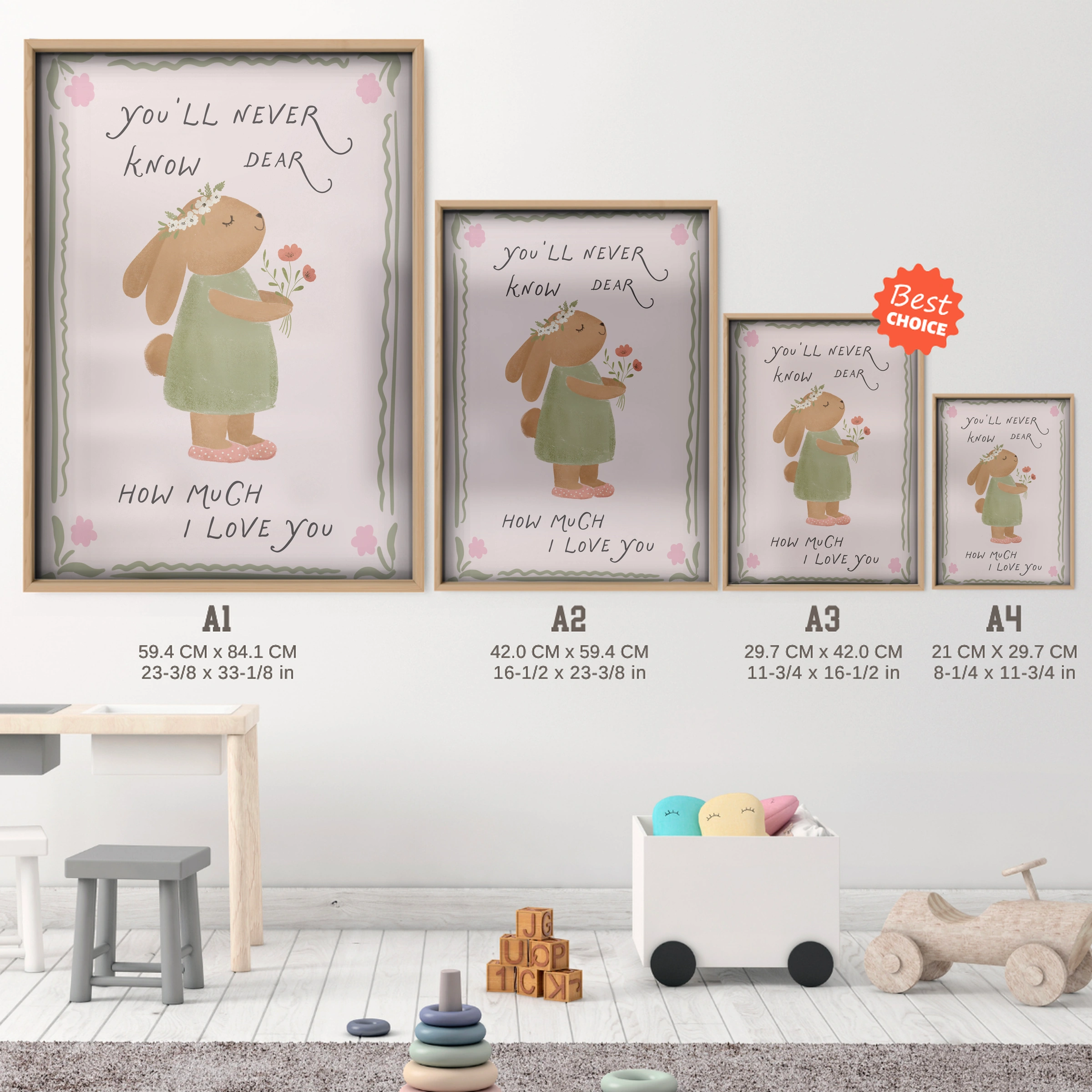 How Much I Love You Nursery Print - size guide A4 A3 A2 A1 nursery print