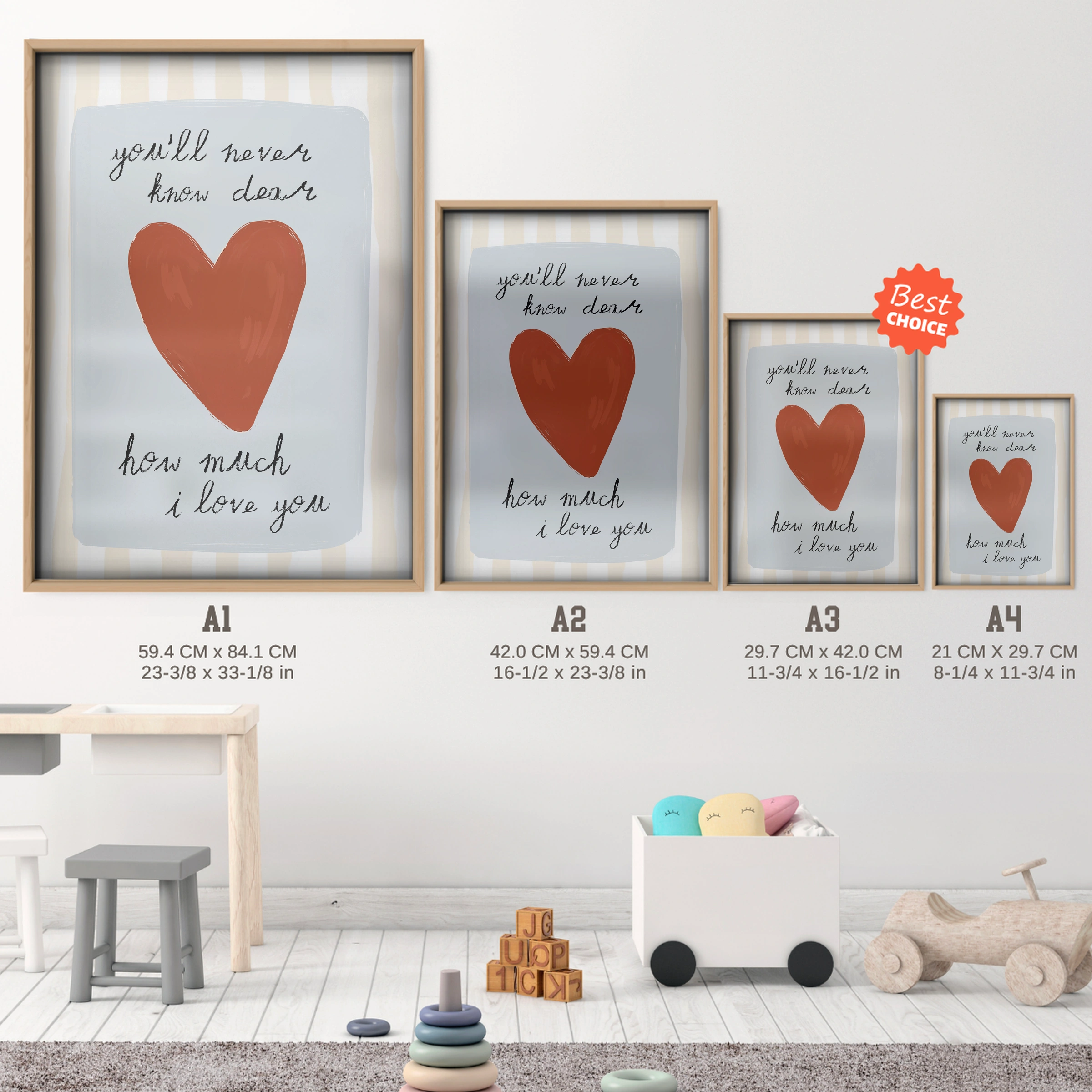 How Much I Love You Text Nursery Print - size guide A4 A3 A2 A1 nursery print