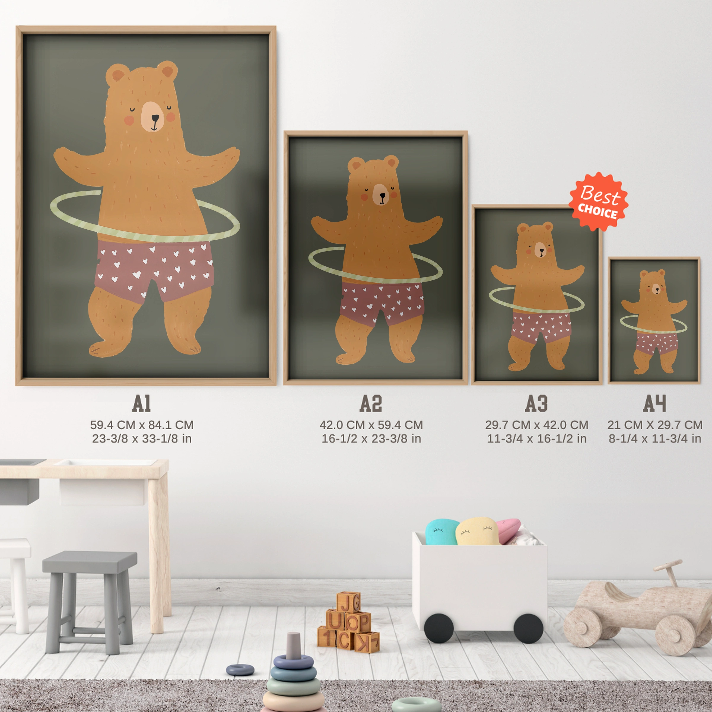 Hula Hoop Bear Nursery Print - size guide A4 A3 A2 A1 nursery print