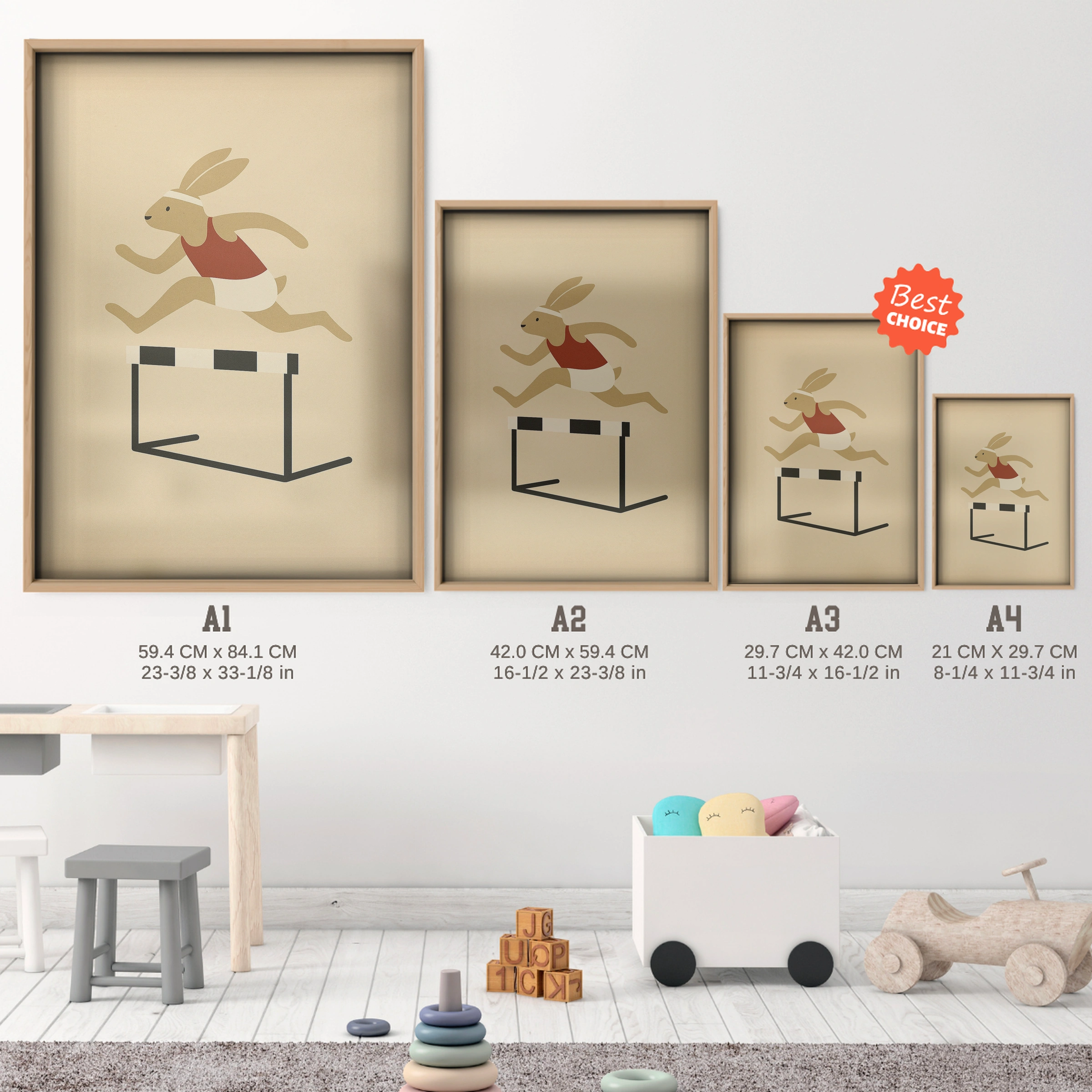 Hurdling Rabbit Nursery Print - size guide A4 A3 A2 A1 nursery print