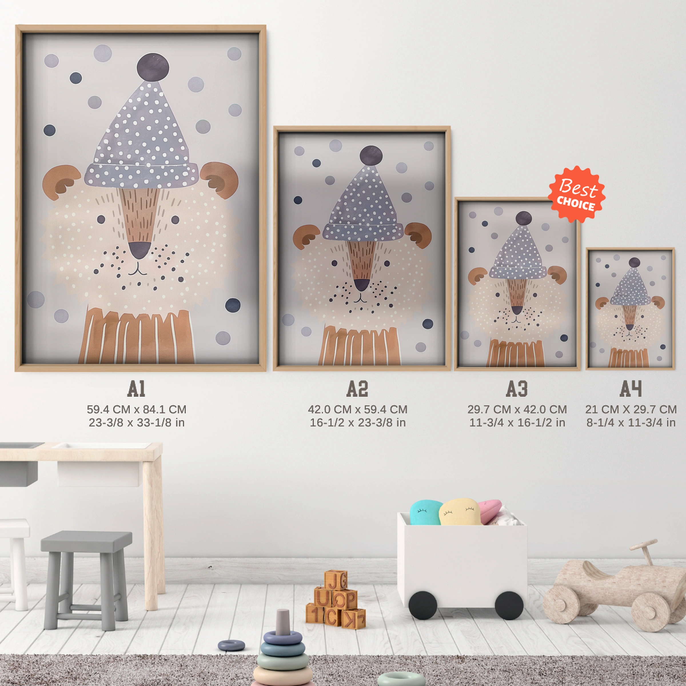 Ice Cream Bear Nursery Print - size guide A4 A3 A2 A1 nursery print